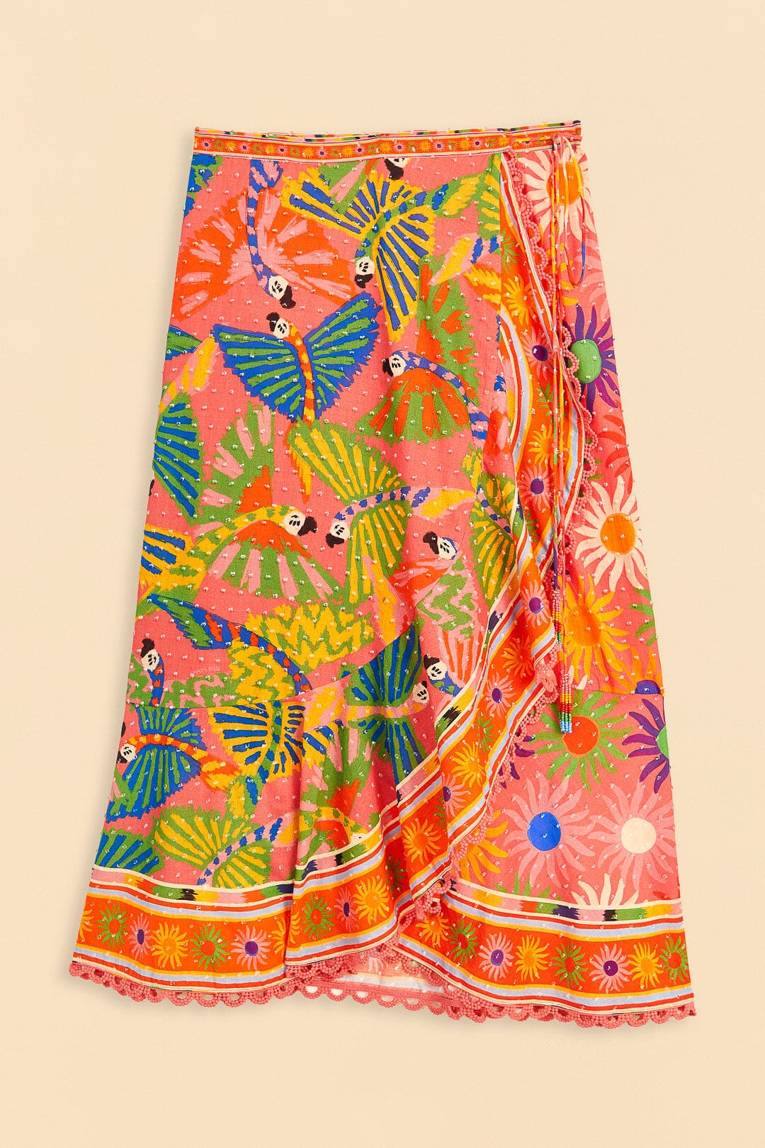 Farm Rio Coral Mixed Graphic Macaws Midi Skirt