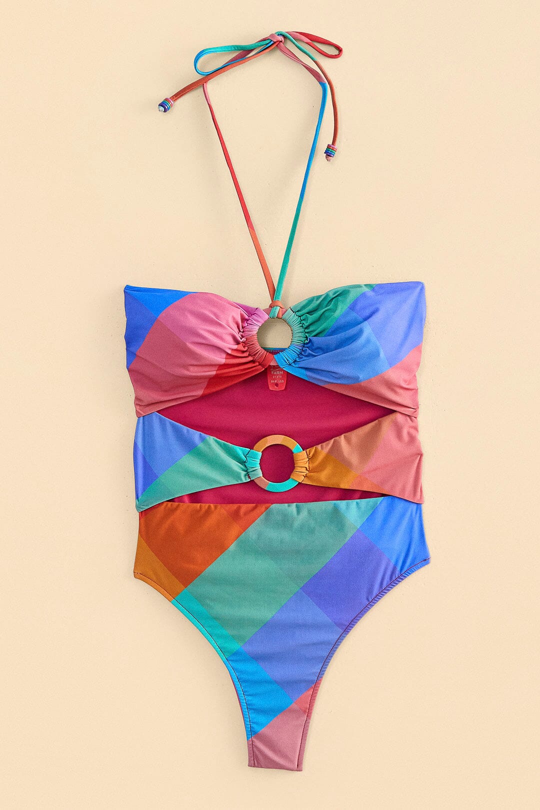 Farm Rio Blue Painted Birds Plaid Halter Neck One-Piece Swimsuit