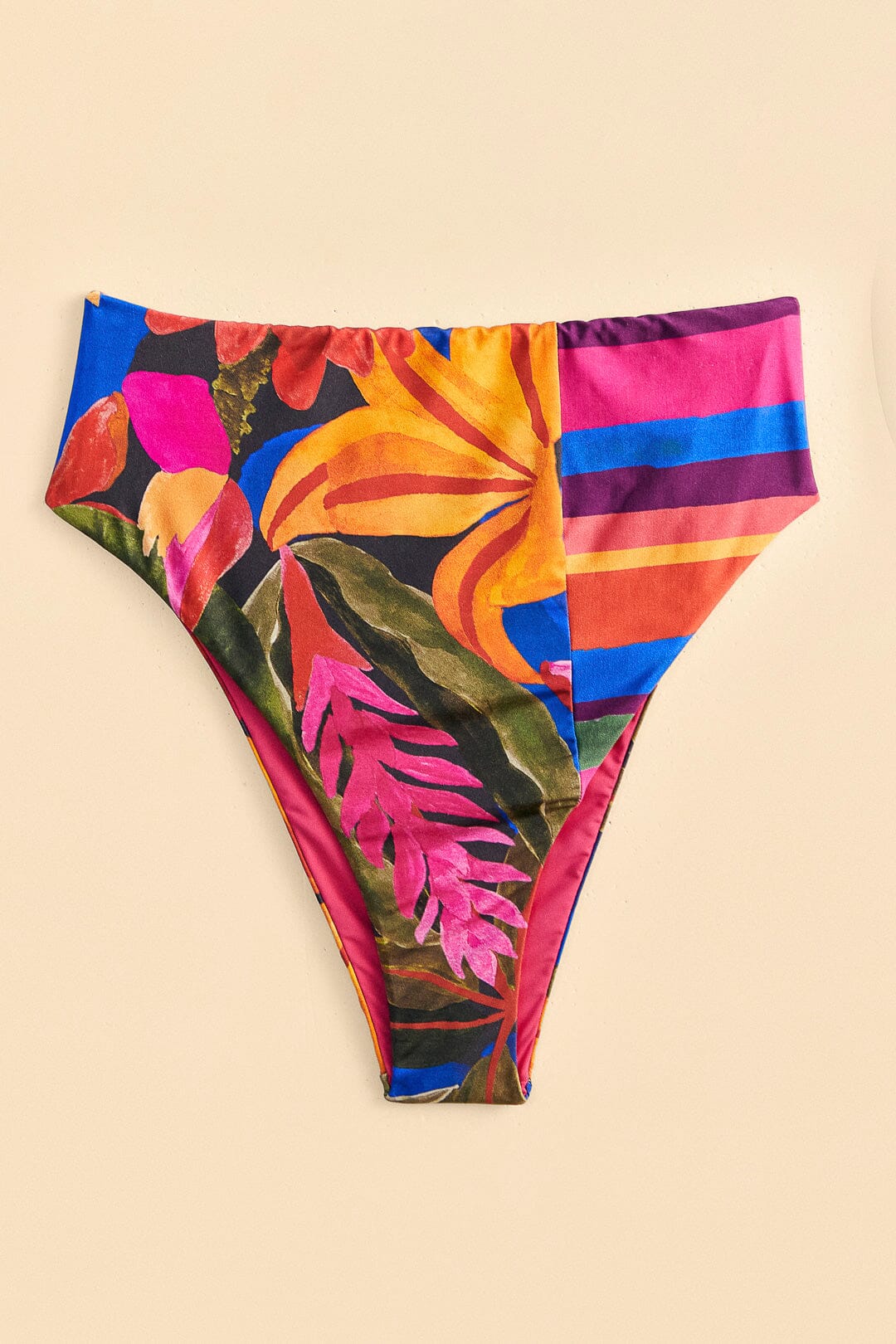 Farm Rio Blue Floral Tropical & Colorful Stripes High Waisted Bikini Bottom
