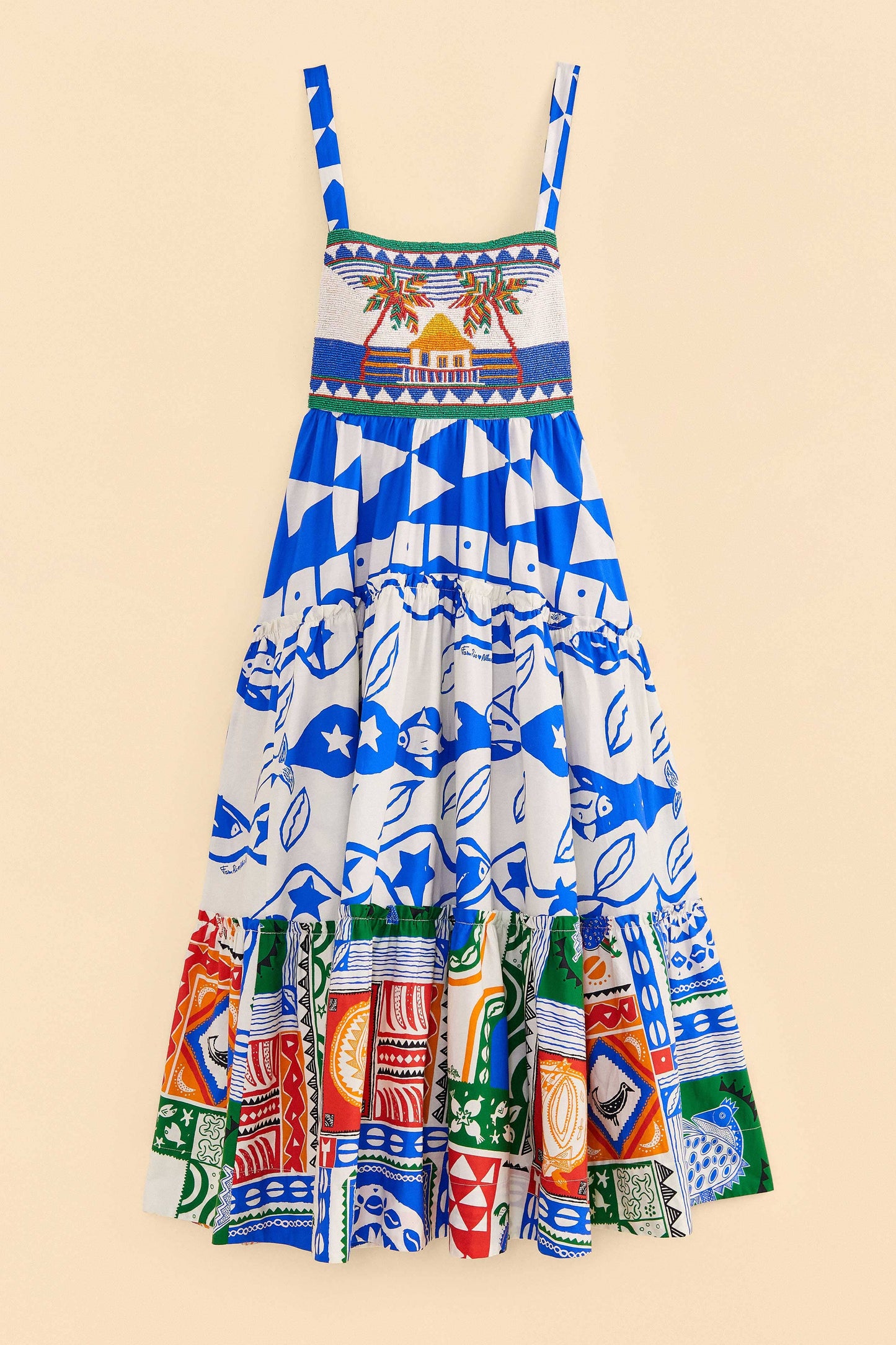 Farm Rio Mixed Pitta Colors Organic Cotton Embroidered Midi Dress