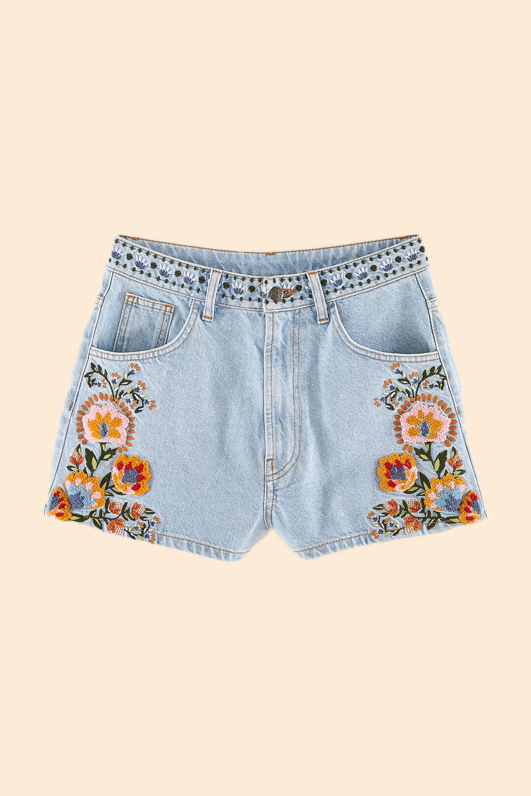 Farm Rio Summer Garden Embroidered Denim Shorts