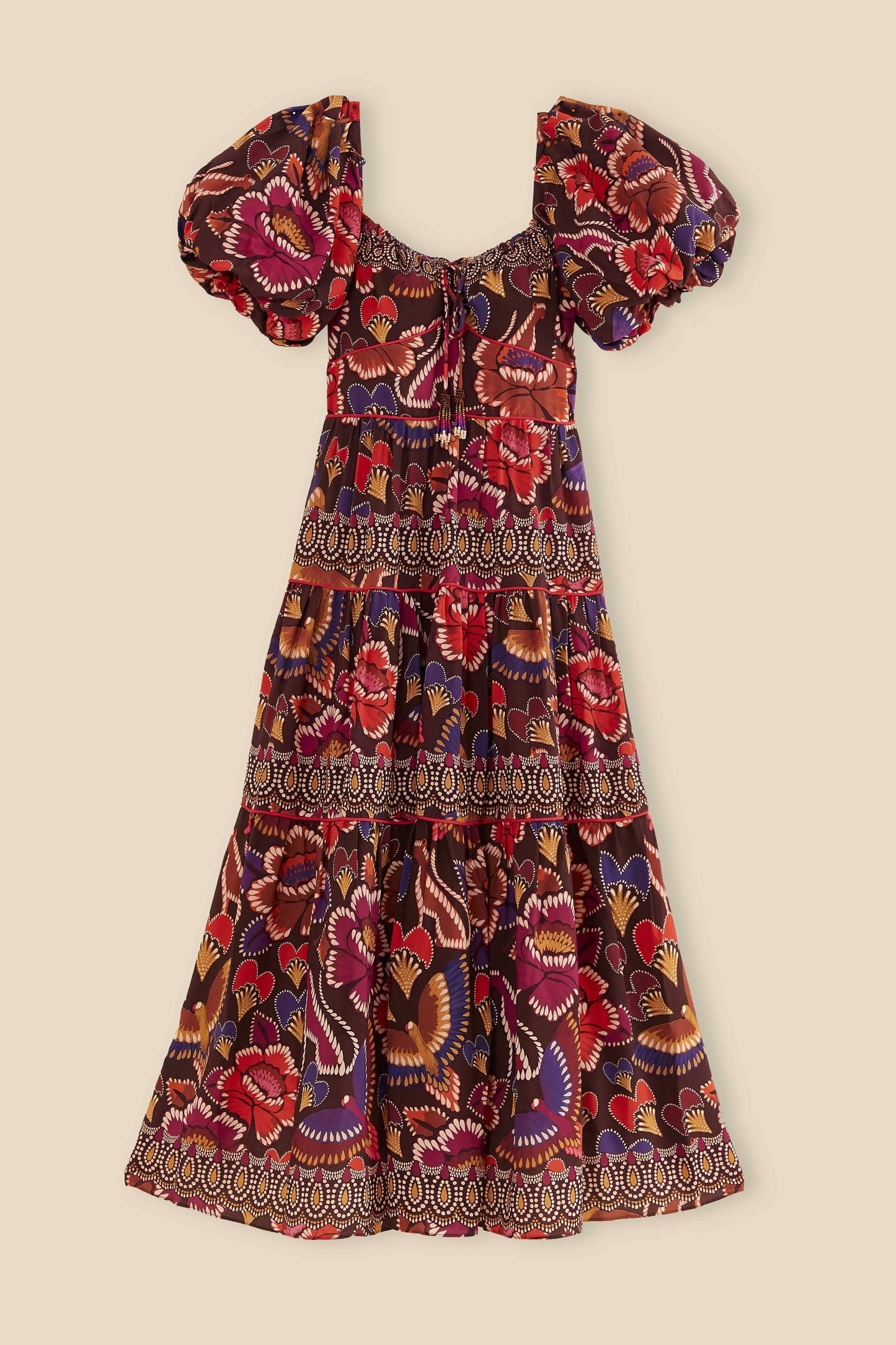 Farm Rio Brown Bright Flora Short Sleeve Midi Dress
