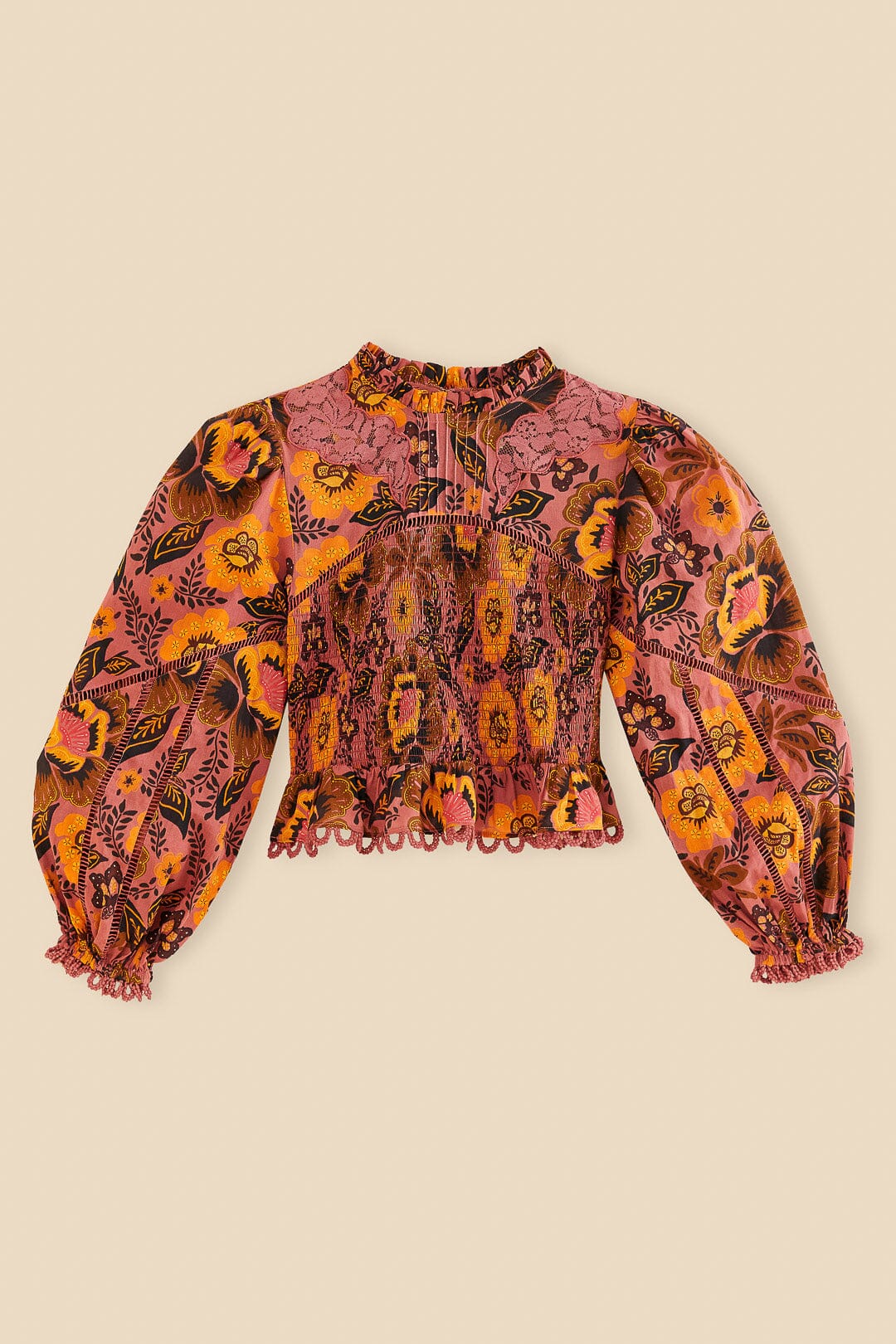Farm Rio Blush Garden Bloom Smocked Blouse