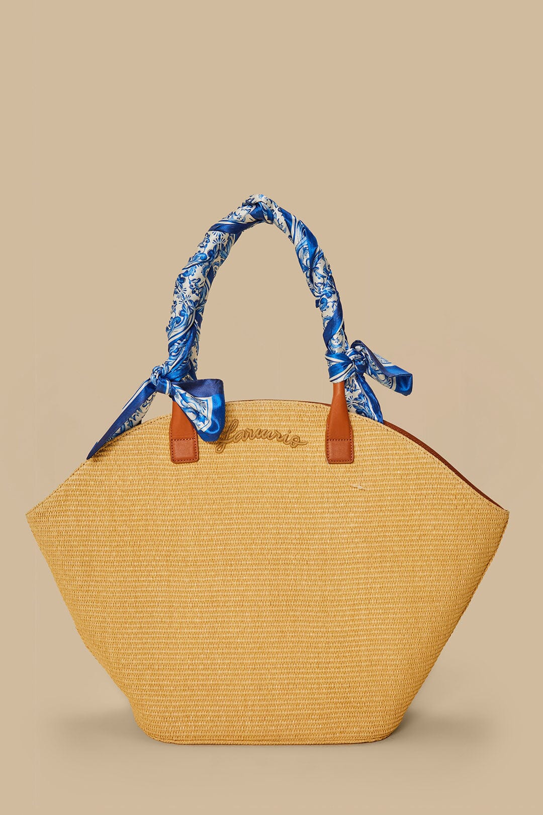 Blue Garden Tiles Raffia Shell Tote