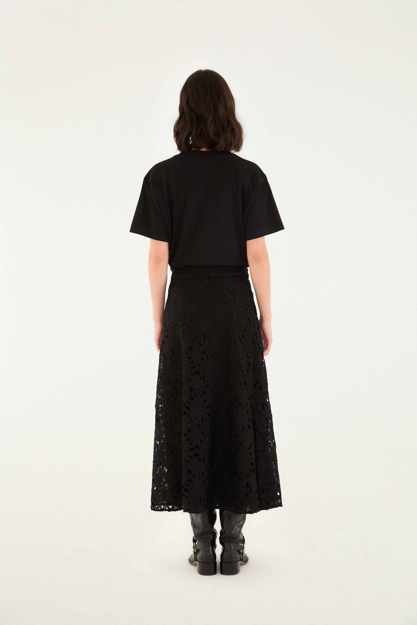 Farm Rio Black Flowered Lace Midi Skirt