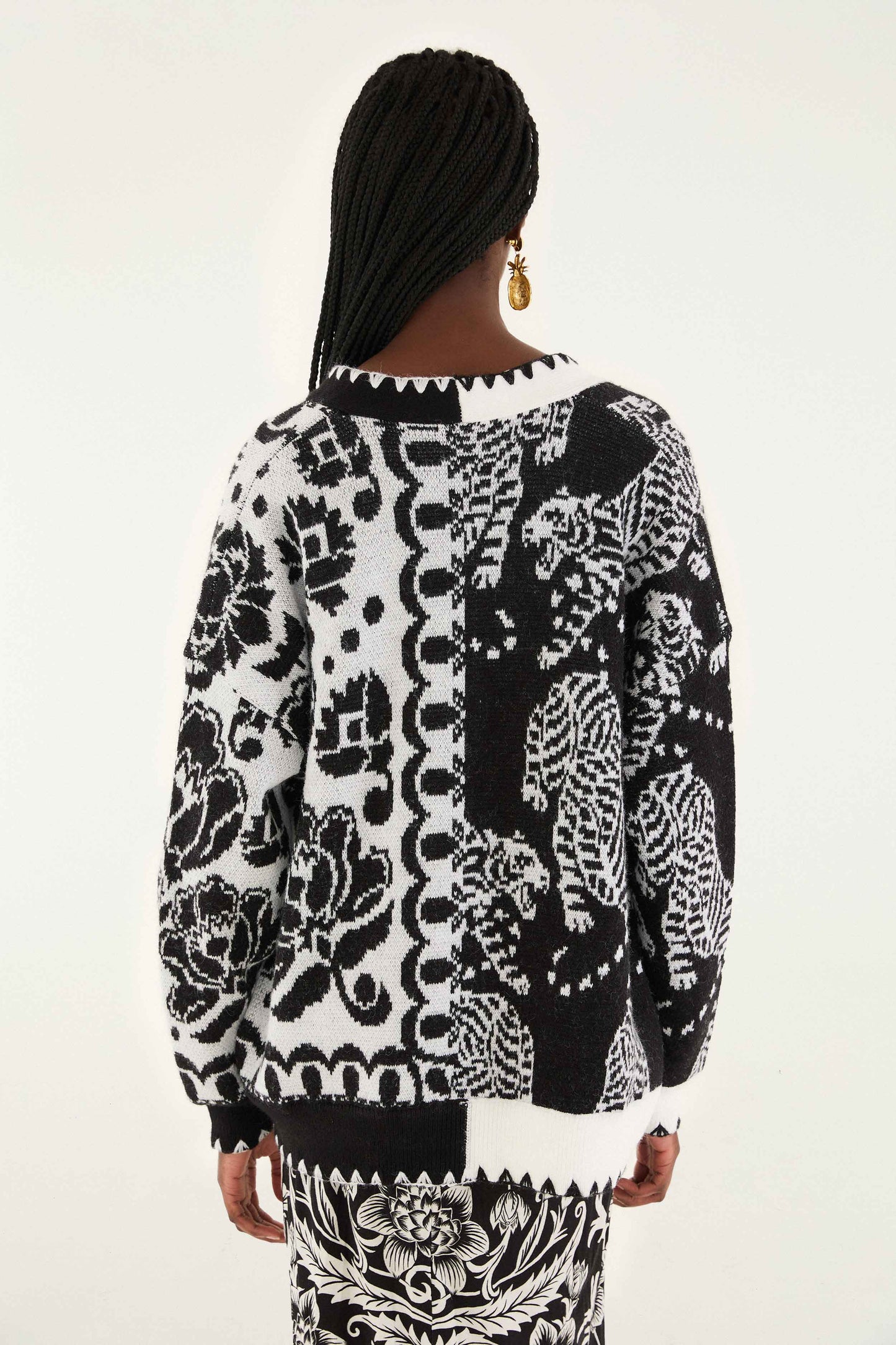 Farm Rio Black & White Mixed Striped Tigers Buttoned Knit Cardigan