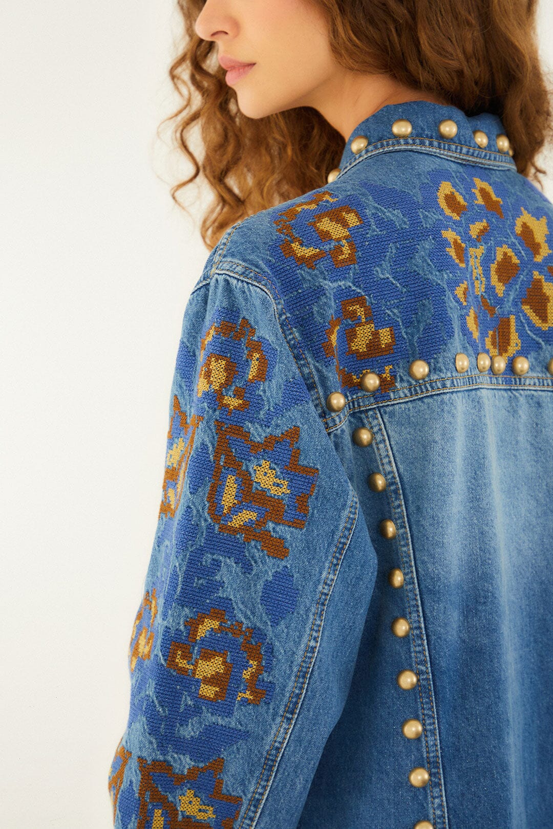 Farm Rio Denim Metal Details Embroidered Jacket