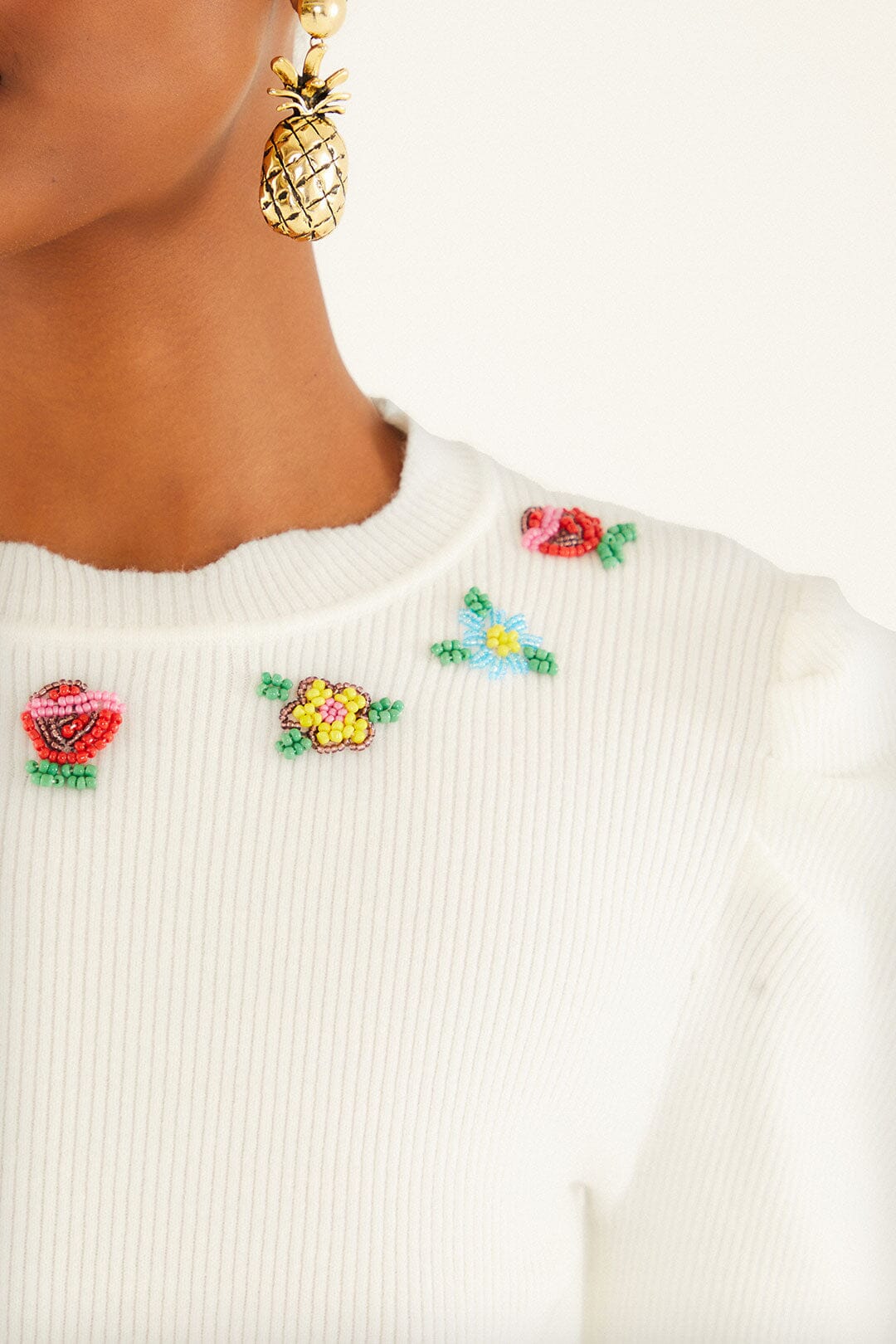 Farm Rio Off-White Flower Embroidery Knit Top