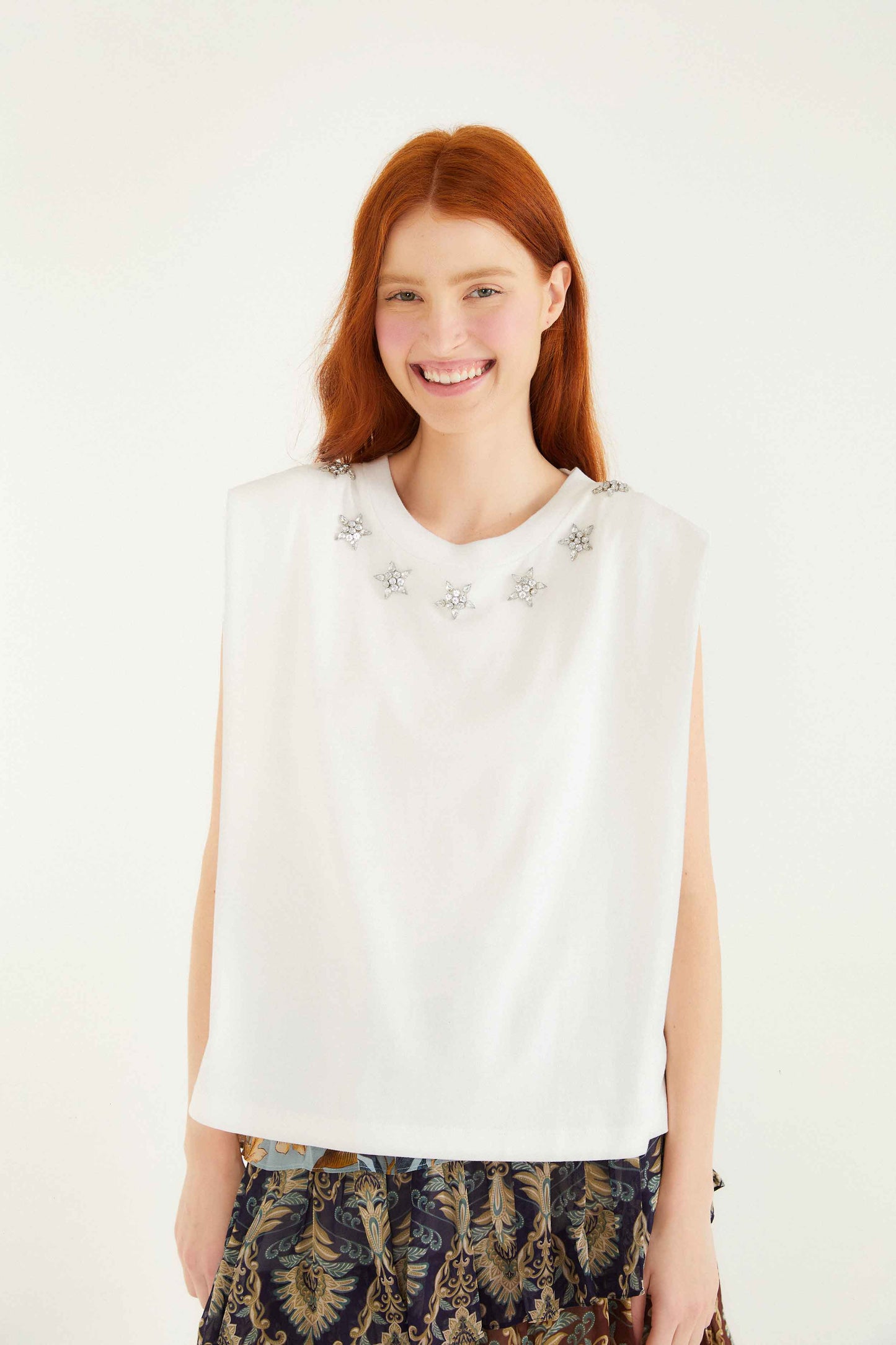Farm Rio Off-White Sparkling Embroidered Padded Shoulder T-Shirt