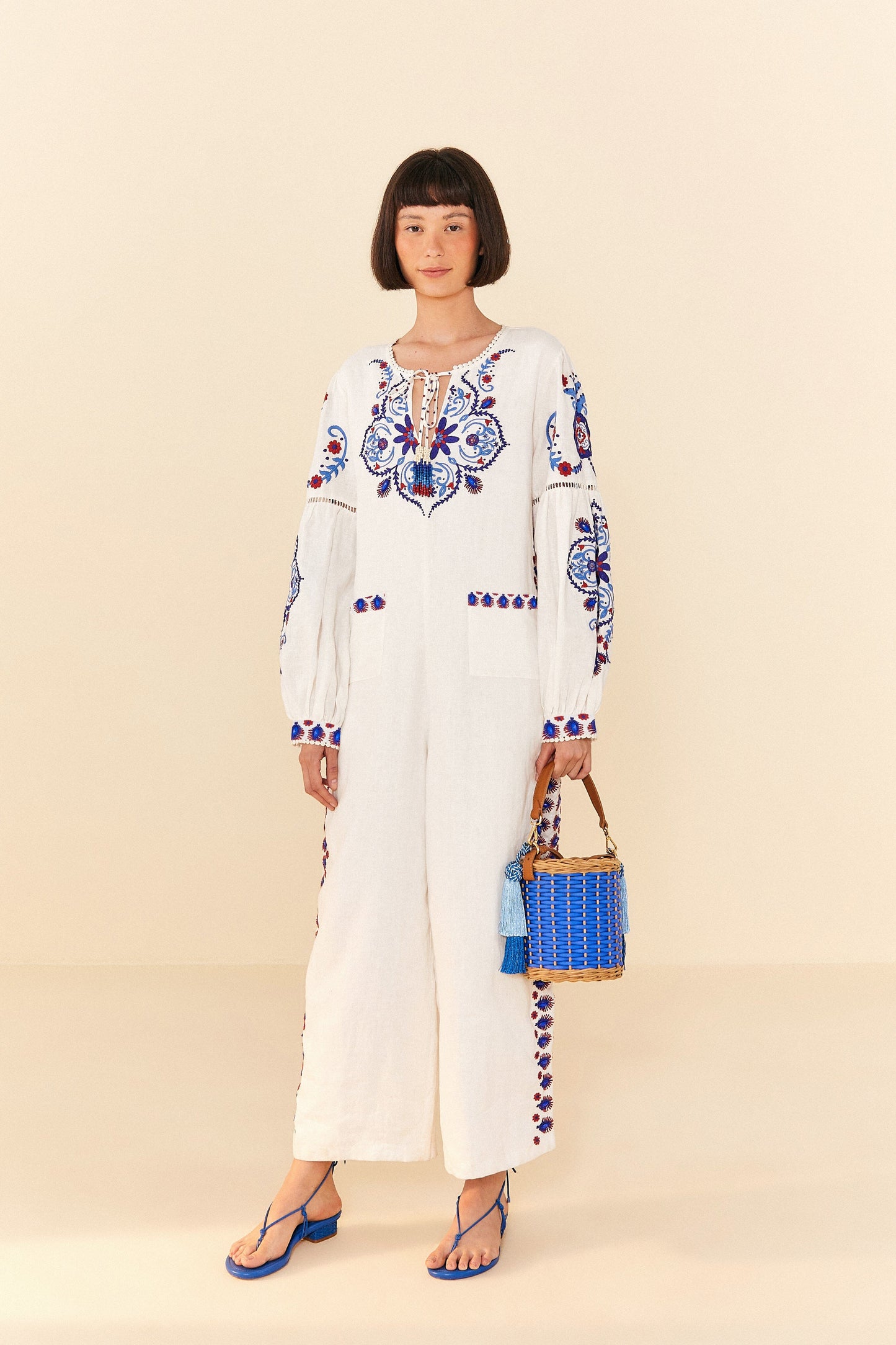 Farm Rio Off-White Navy Embroidered Jumpsuit