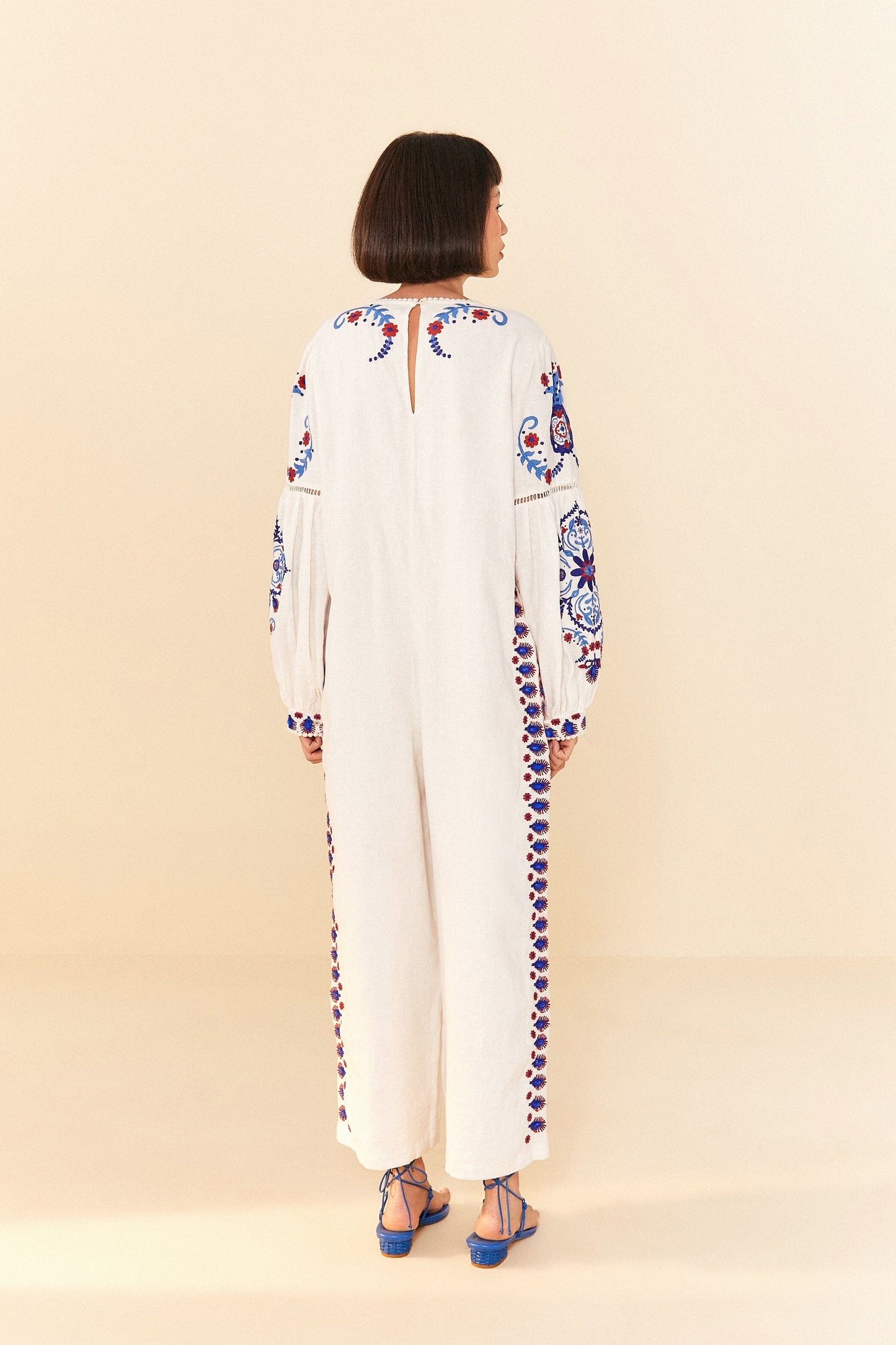 Farm Rio Off-White Navy Embroidered Jumpsuit