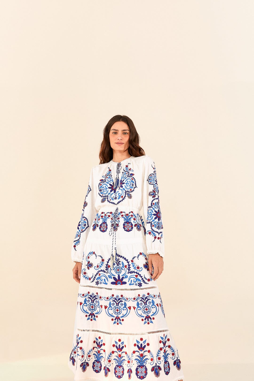 Farm Rio Off-White Navy Embroidered Midi Dress