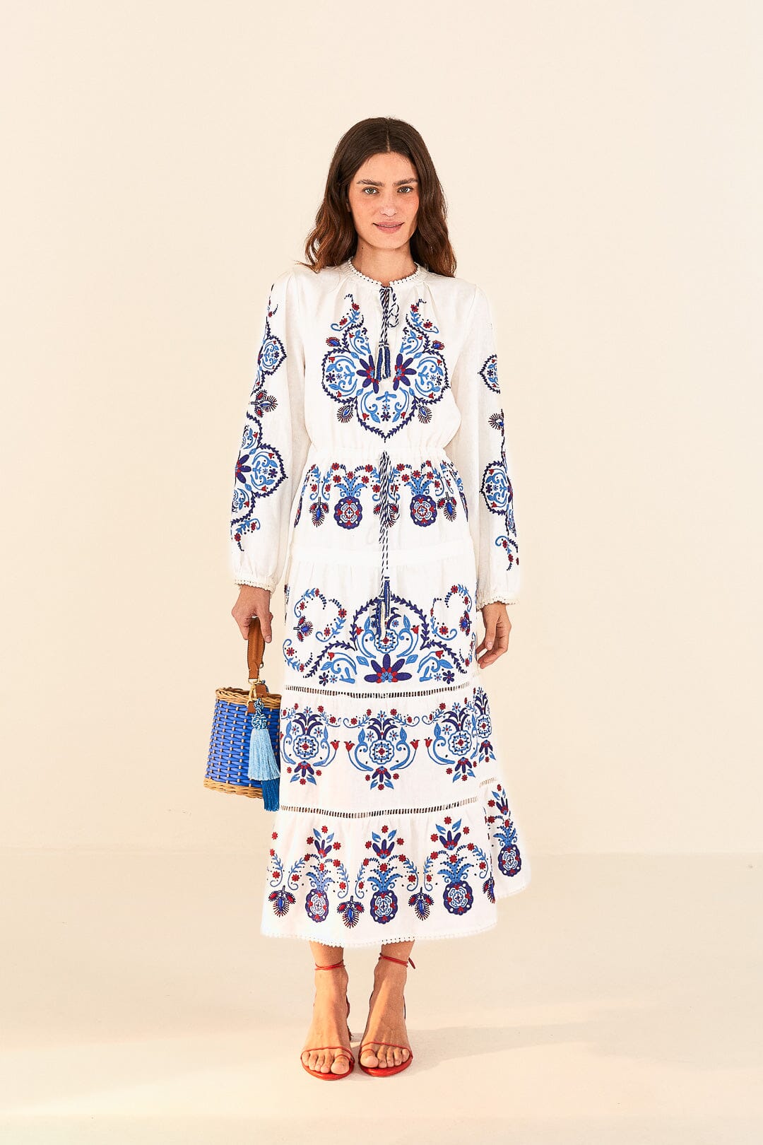 Farm Rio Off-White Navy Embroidered Midi Dress