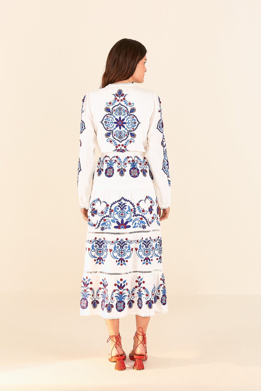 Farm Rio Off-White Navy Embroidered Midi Dress