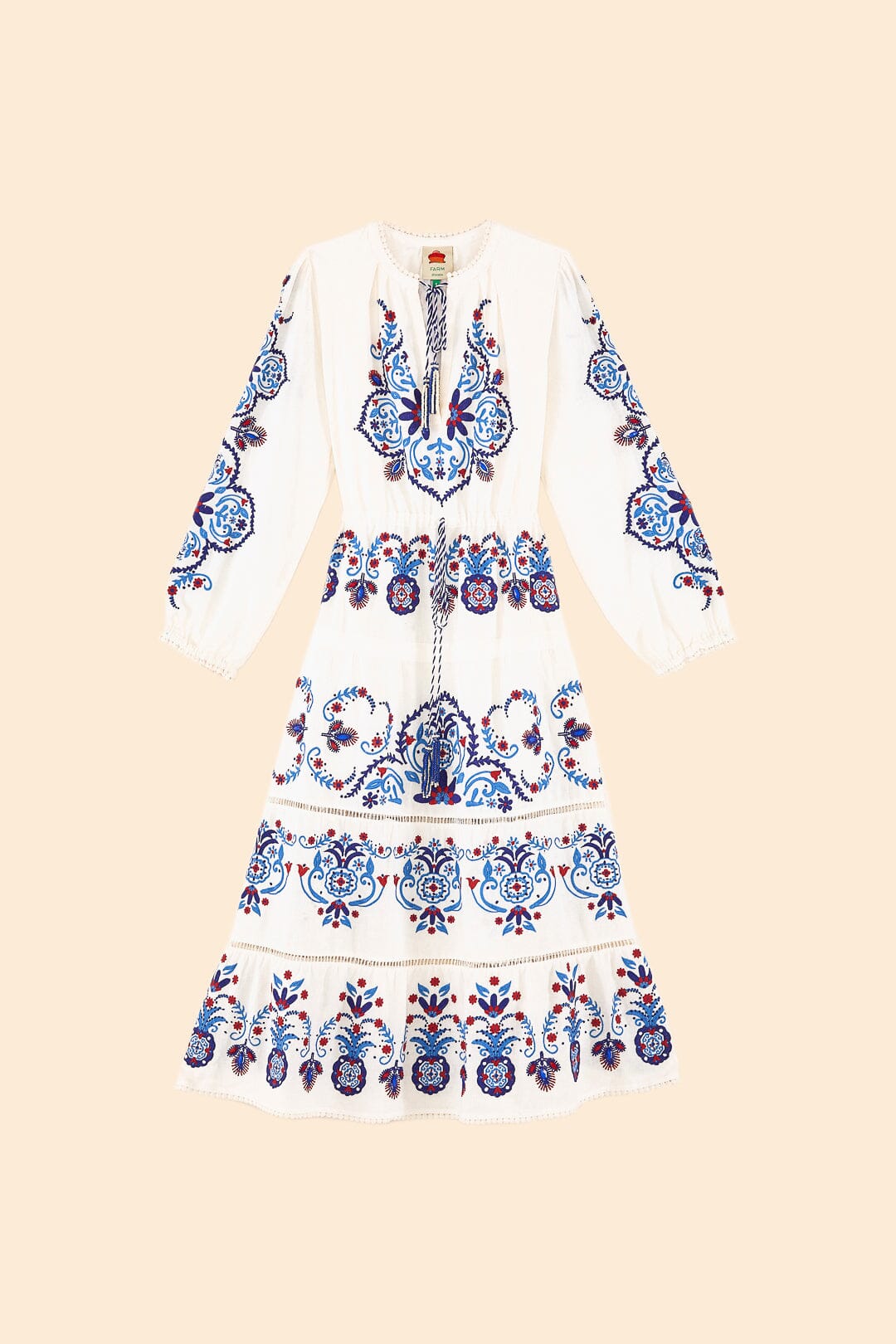 Farm Rio Off-White Navy Embroidered Midi Dress