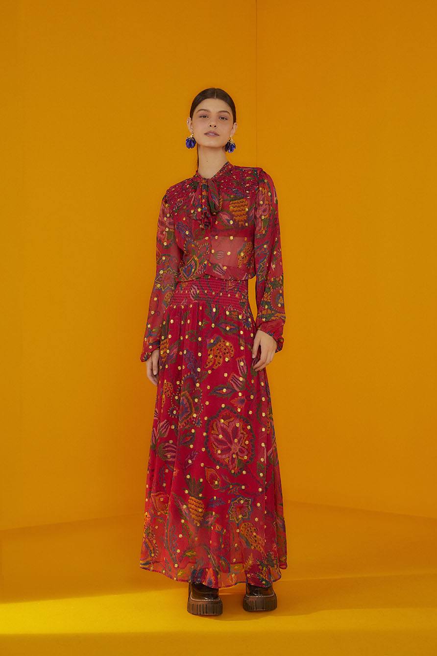 Farm Rio Red Sunset Tapestry Embroidered Maxi Dress