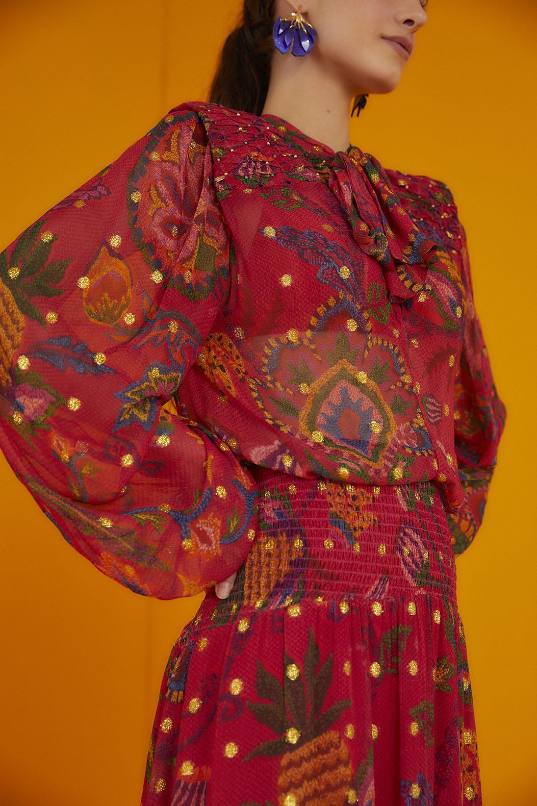 Farm Rio Red Sunset Tapestry Embroidered Maxi Dress