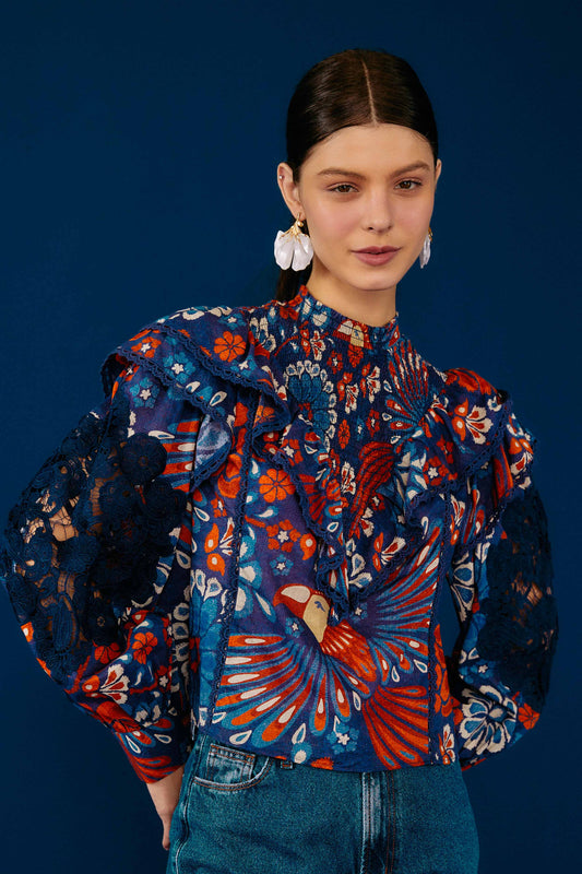Farm Rio Navy Pineapple Flowers Blouse