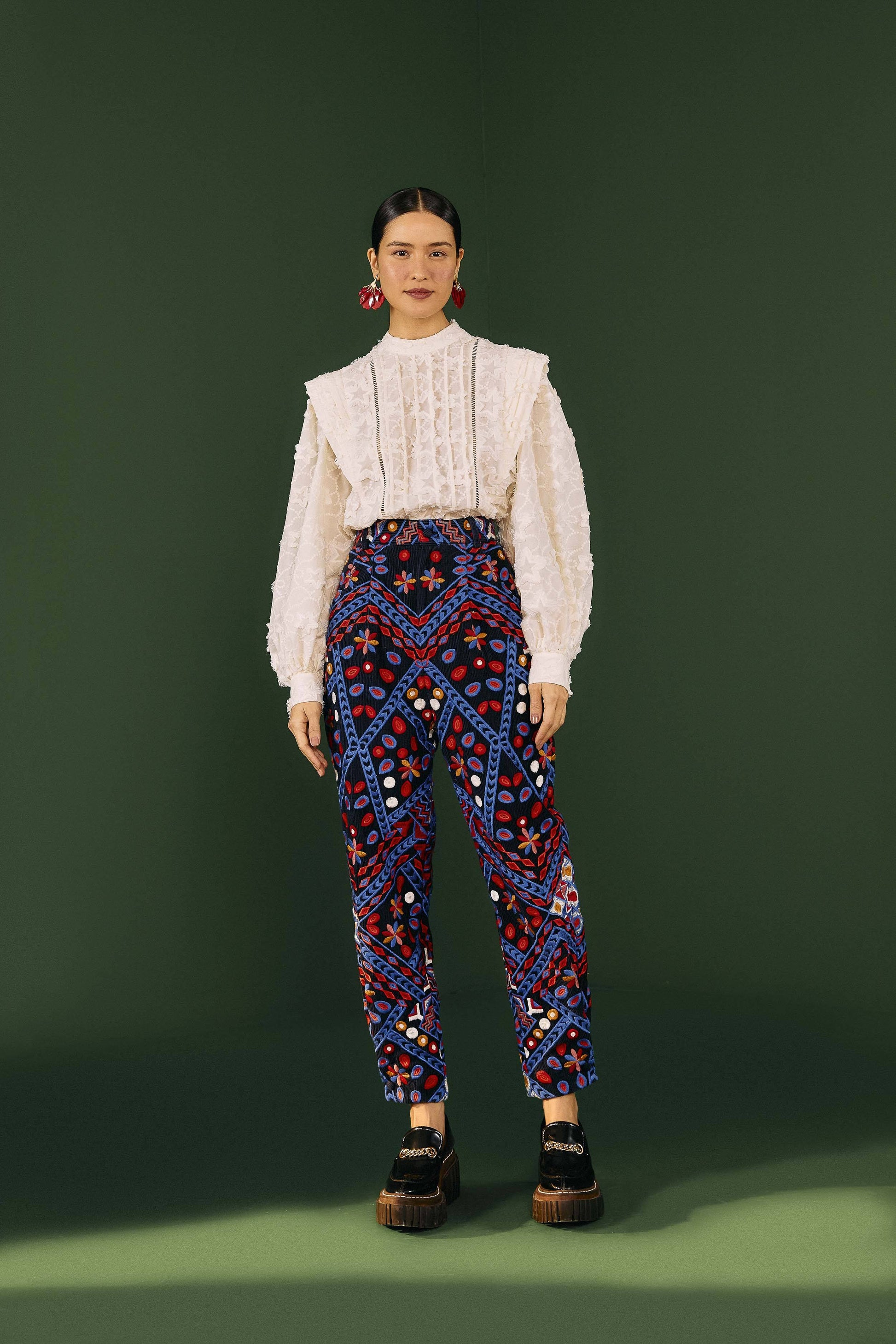 Farm Rio Embroidered Corduroy Pants