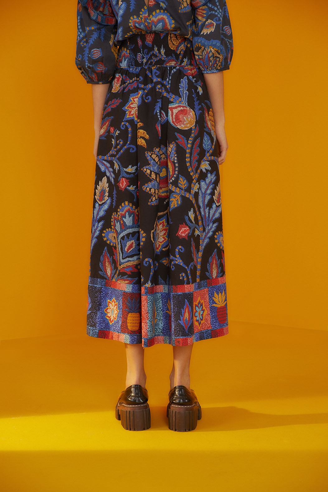 Farm Rio Black Sunset Tapestry Organic Cotton Midi Skirt