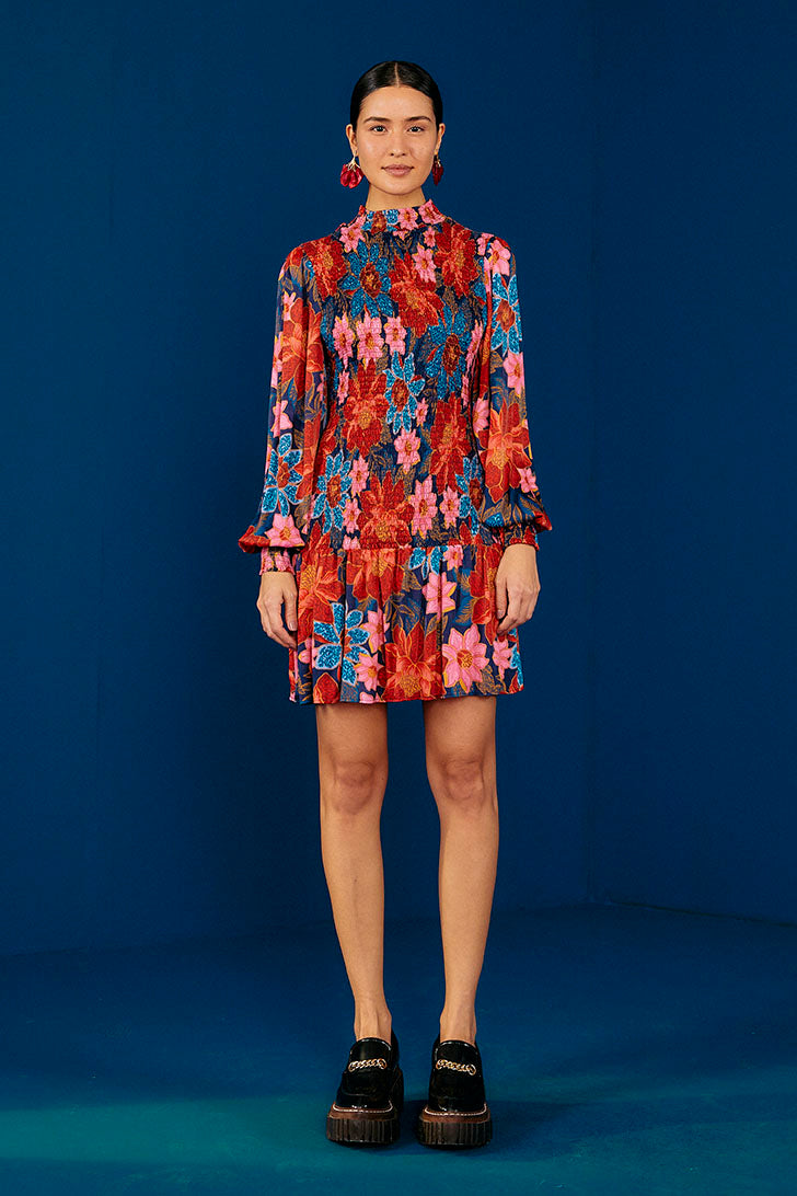 Farm Rio Navy Garden Smocked Mini Dress