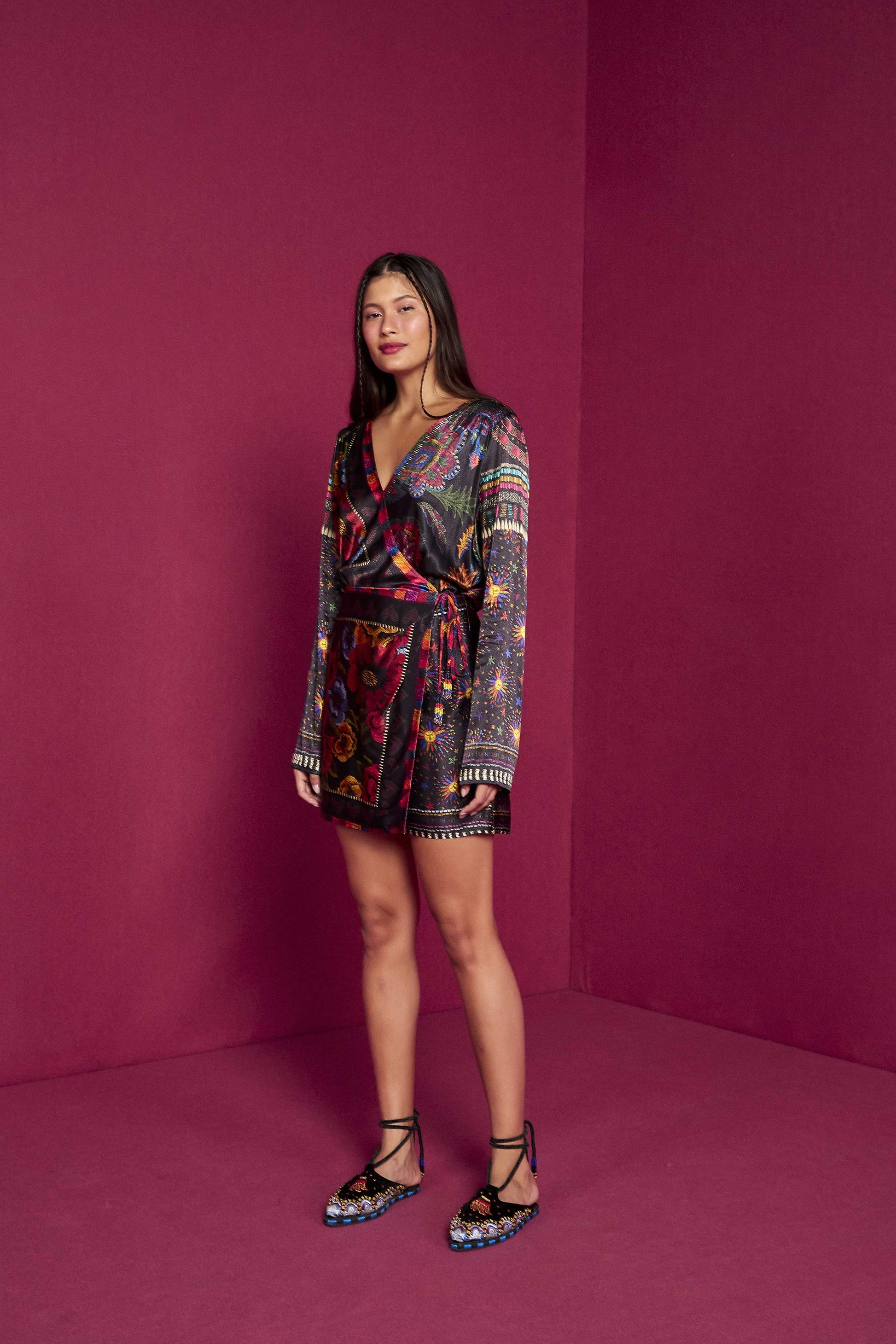 Farm Rio Black Mixed Scarves Mini Dress