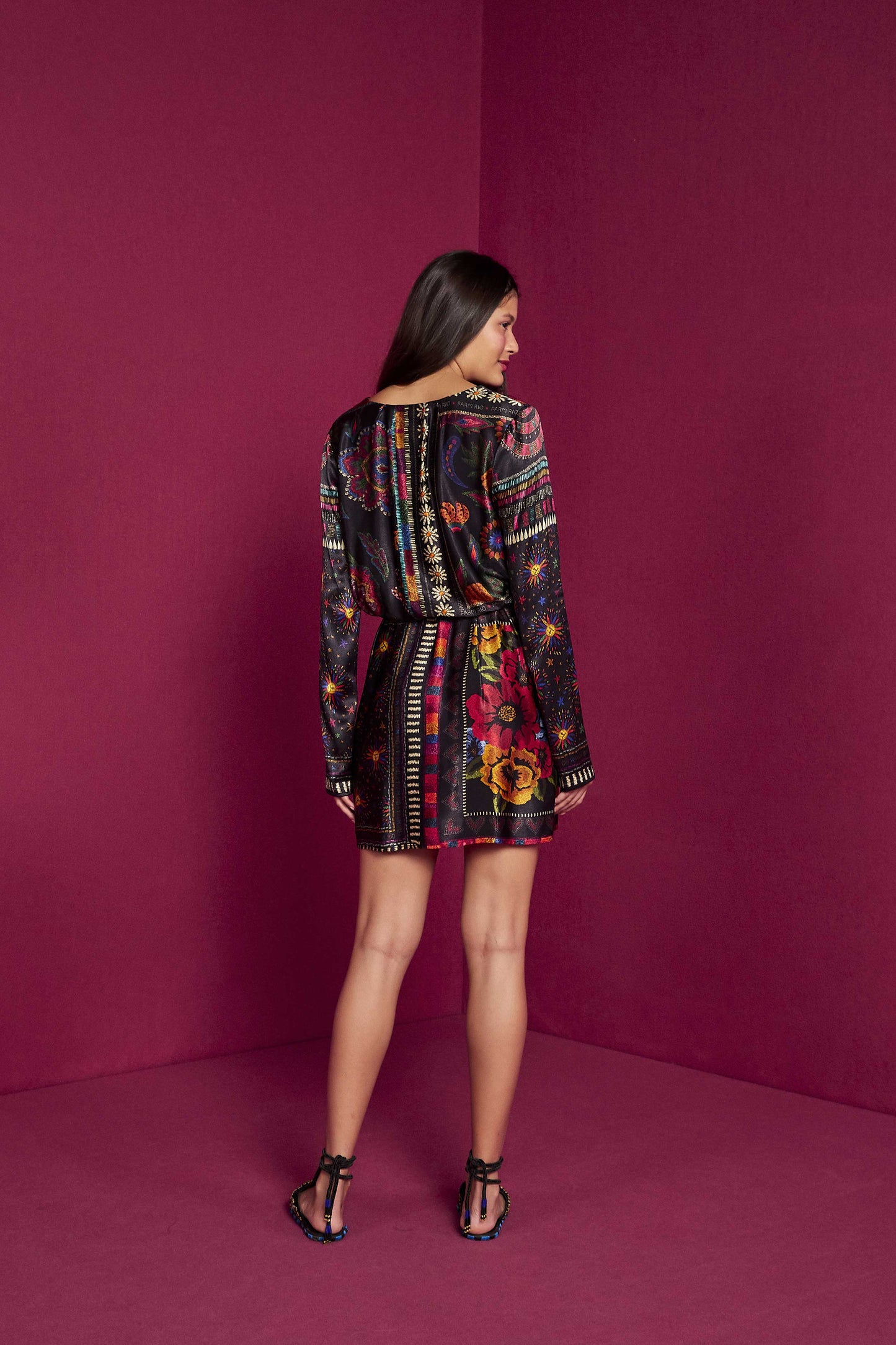 Farm Rio Black Mixed Scarves Mini Dress