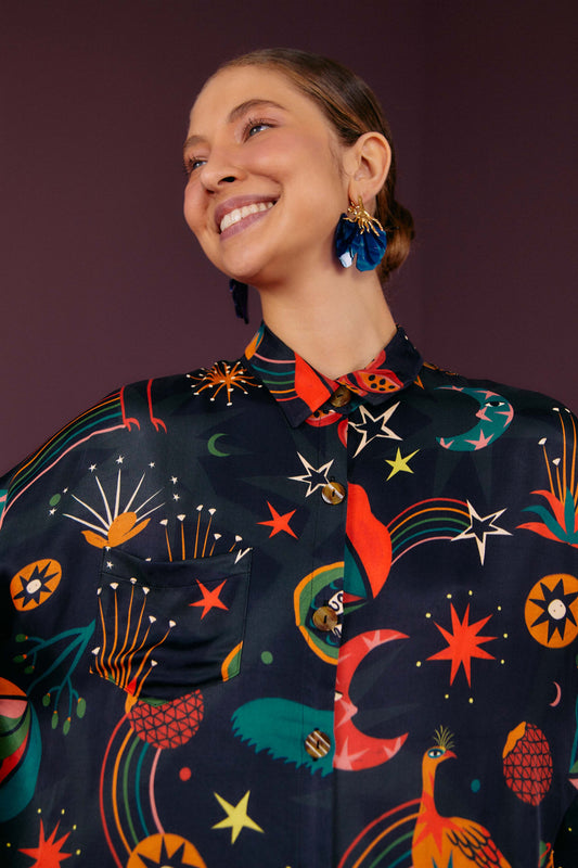 Farm Rio Black Cerrado Sky Lenzing™ Ecovero™ Viscose Shirtdress