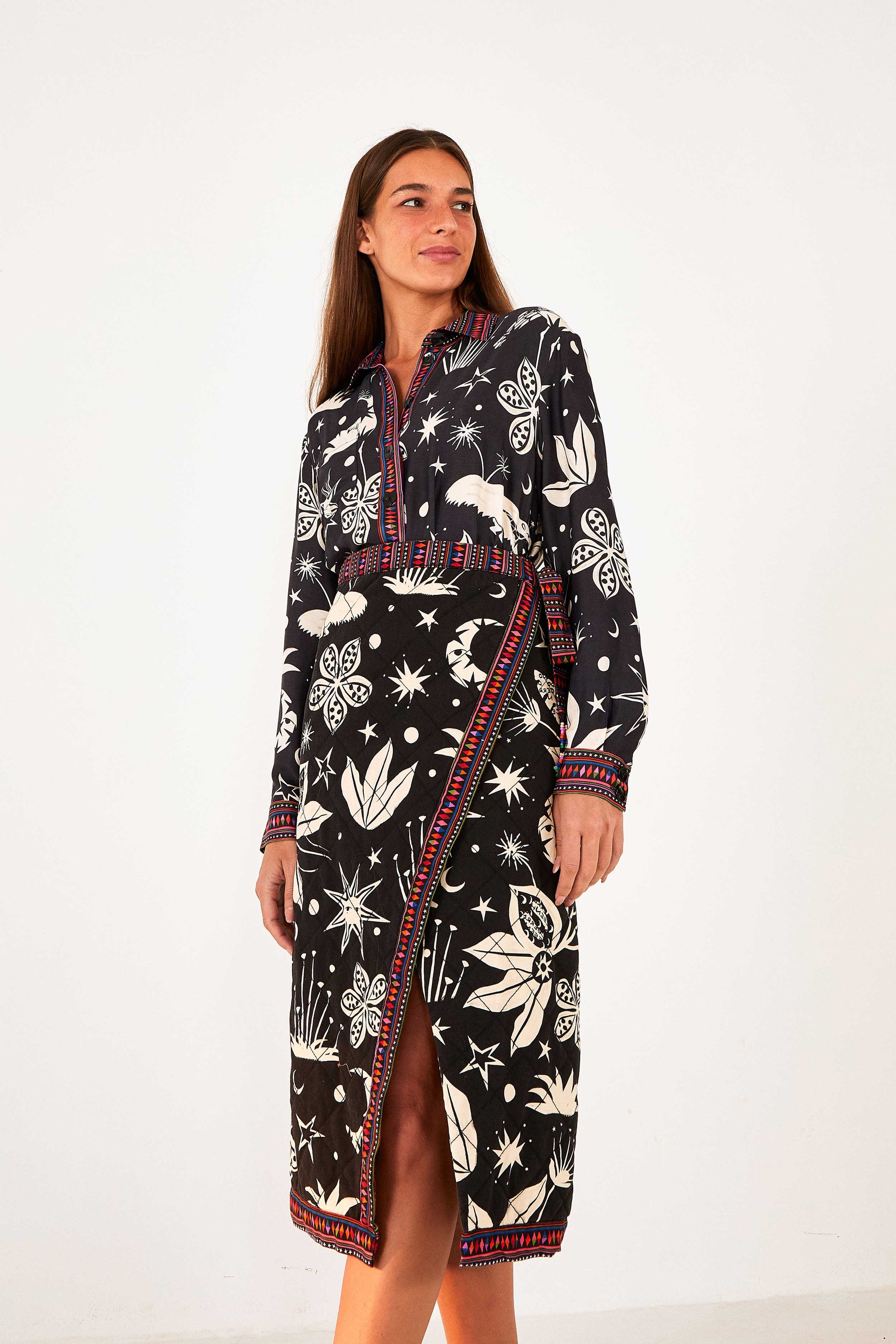 Farm Rio Black & White Cerrado Sky Wrap Skirt