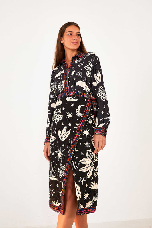 Farm Rio Black & White Cerrado Sky Wrap Skirt