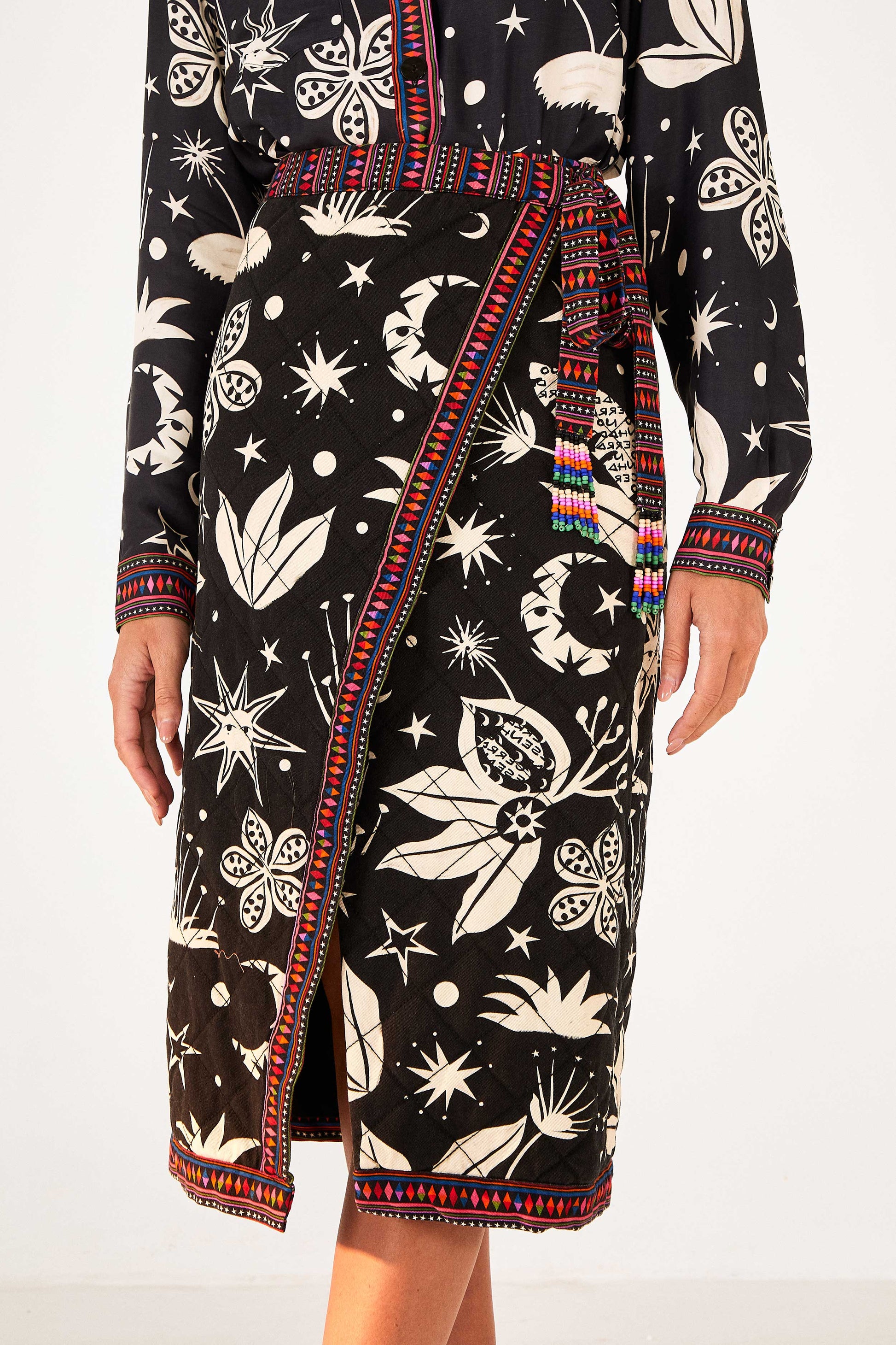 Farm Rio Black & White Cerrado Sky Wrap Skirt