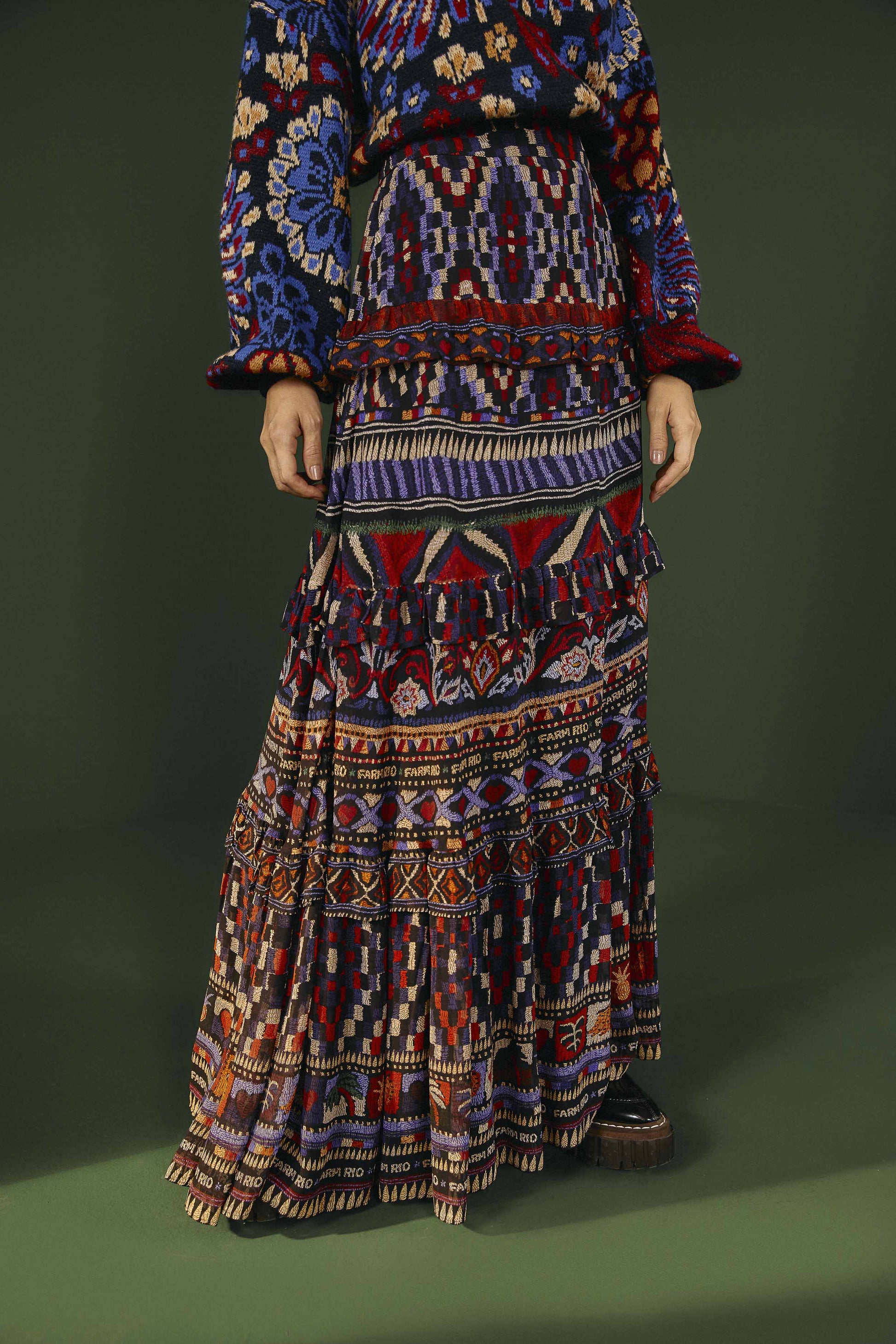 Farm Rio Blue Ainika Tapestry Maxi Skirt
