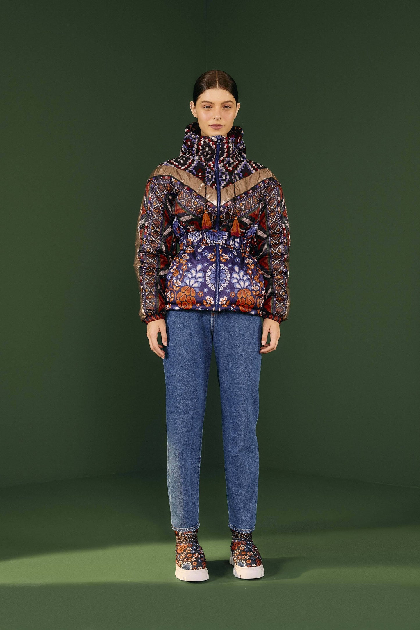 Farm Rio Navy Pineapple Flowers Recycled Polyester Reversible Puffer Jacket