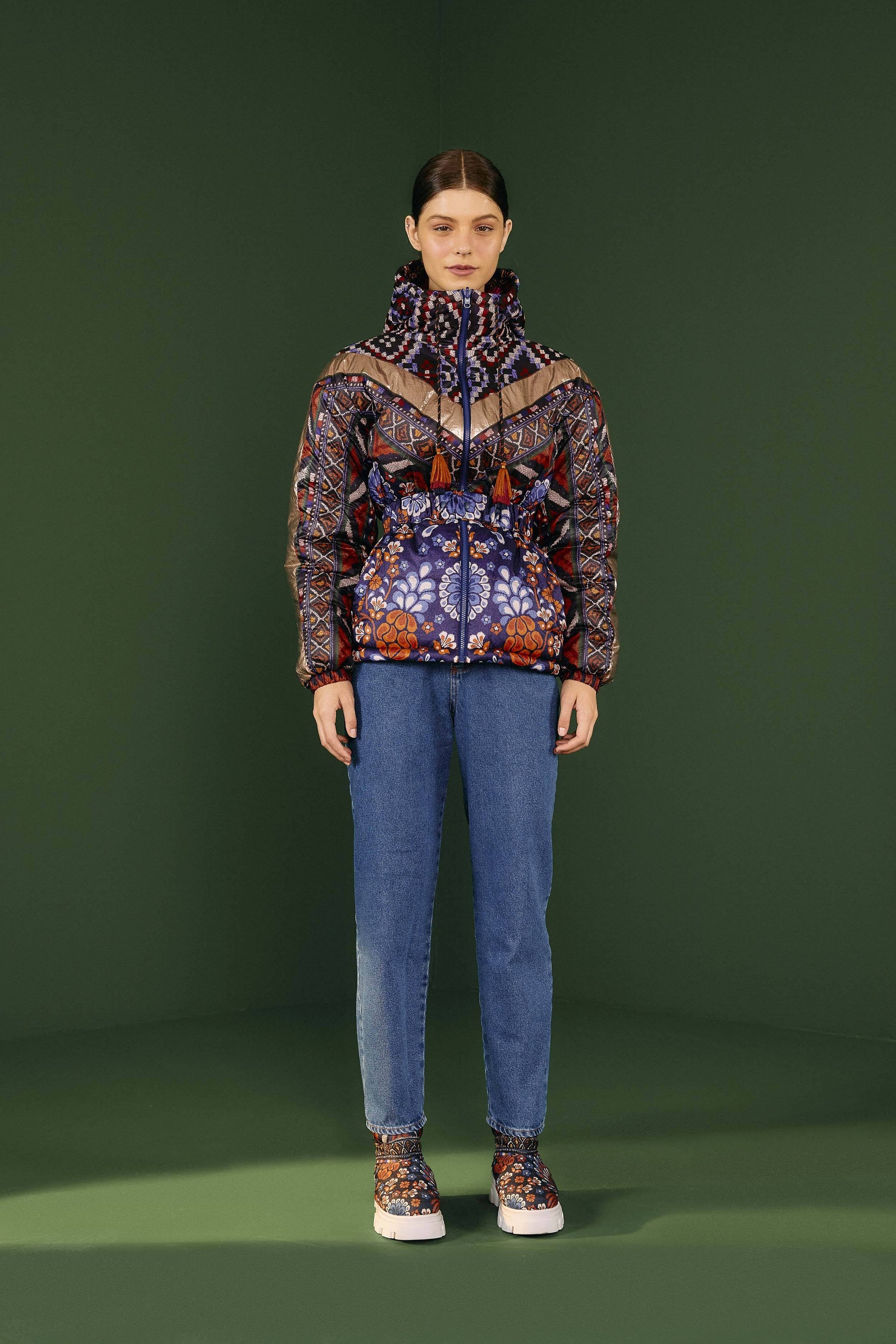 Farm Rio Navy Pineapple Flowers Recycled Polyester Reversible Puffer Jacket