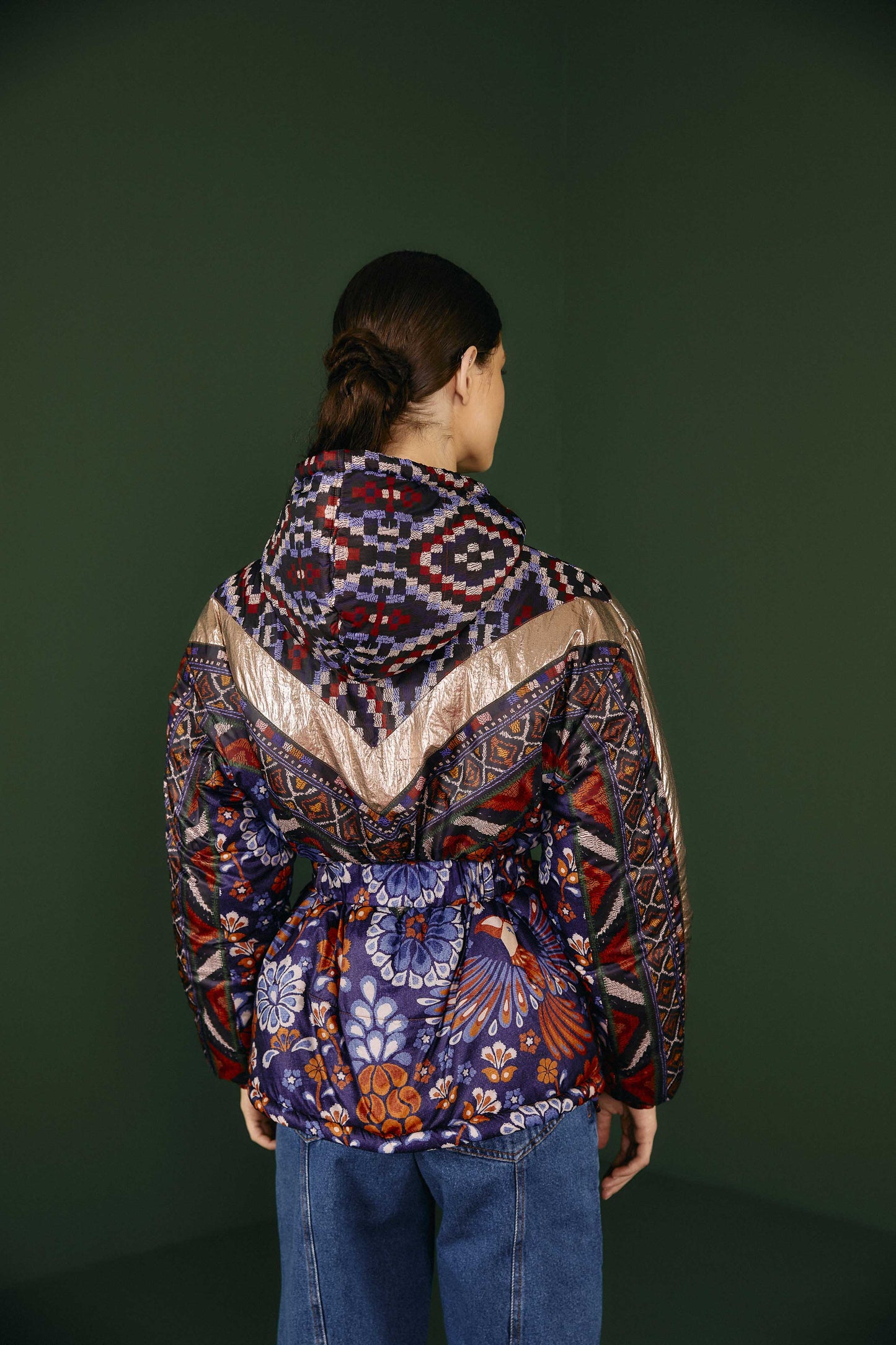 Farm Rio Navy Pineapple Flowers Recycled Polyester Reversible Puffer Jacket