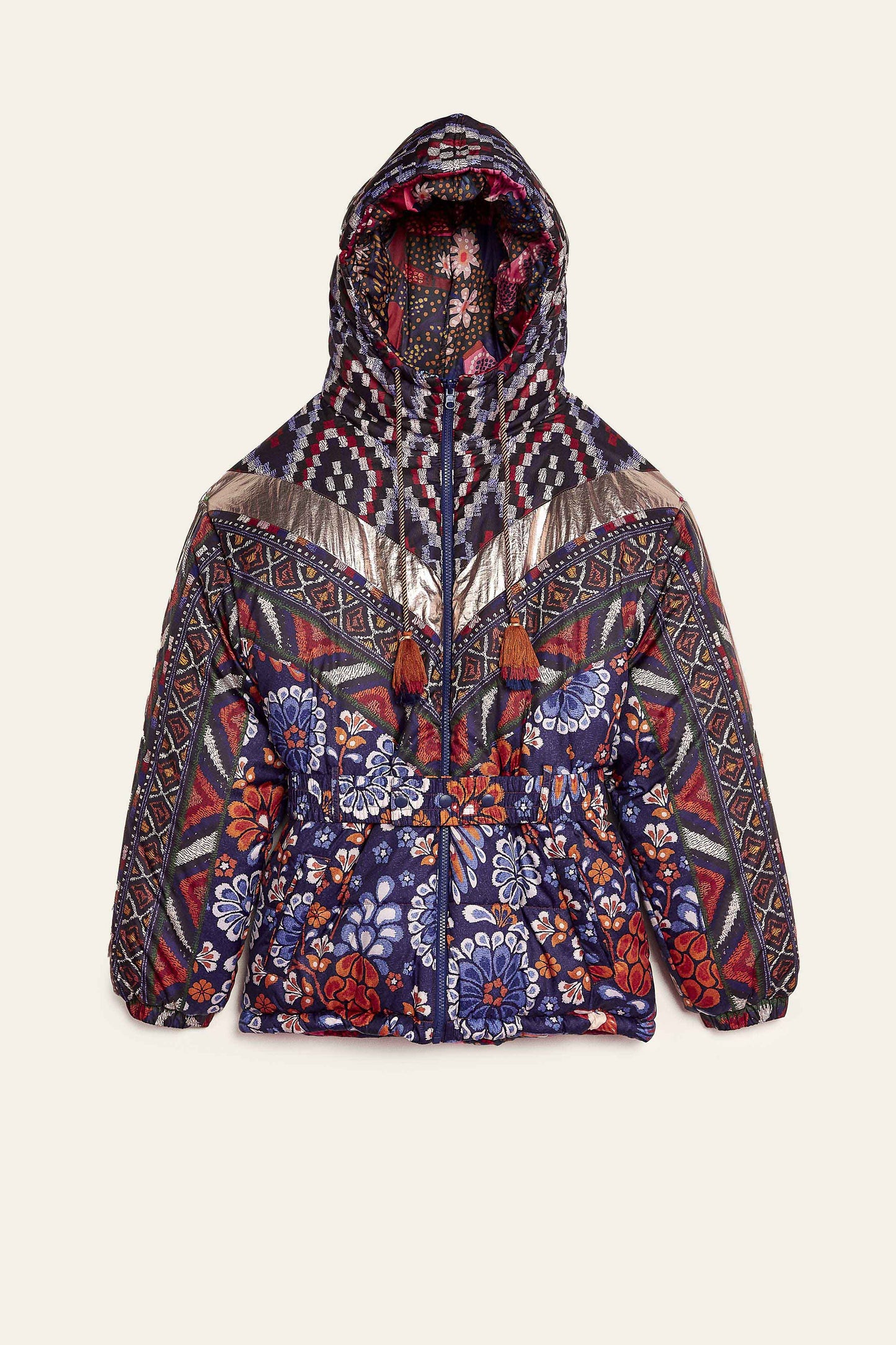 Farm Rio Navy Pineapple Flowers Recycled Polyester Reversible Puffer Jacket