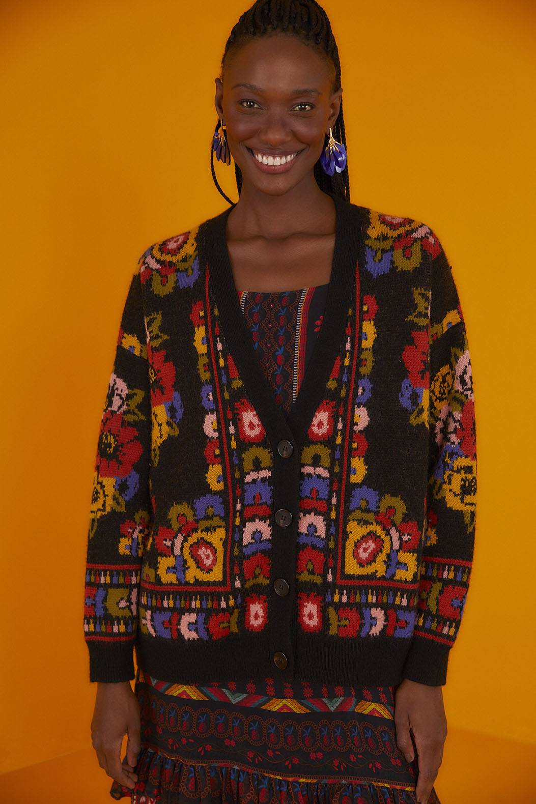 Farm Rio Black Flowers Tapestry Cardigan