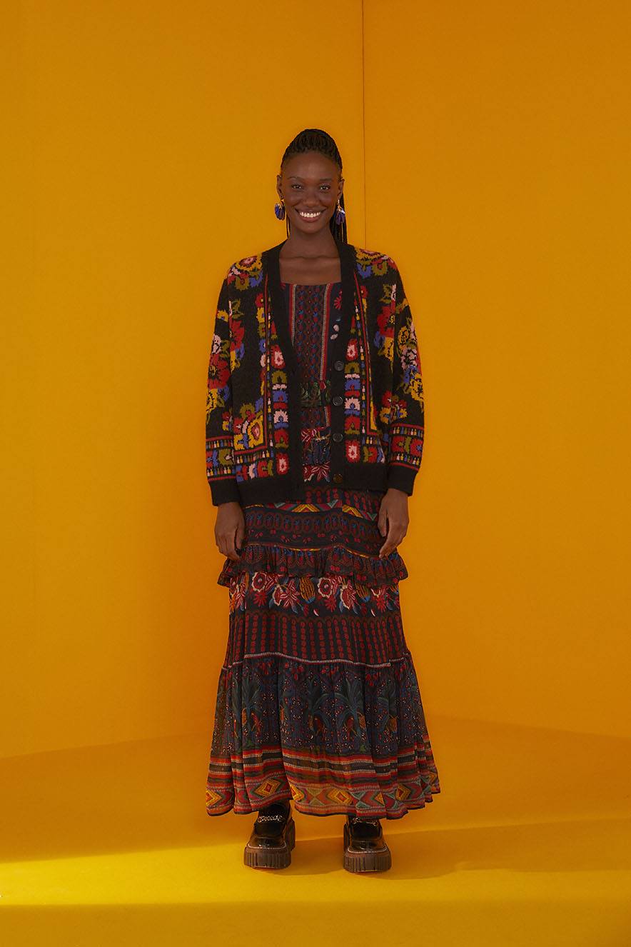 Farm Rio Black Flowers Tapestry Cardigan
