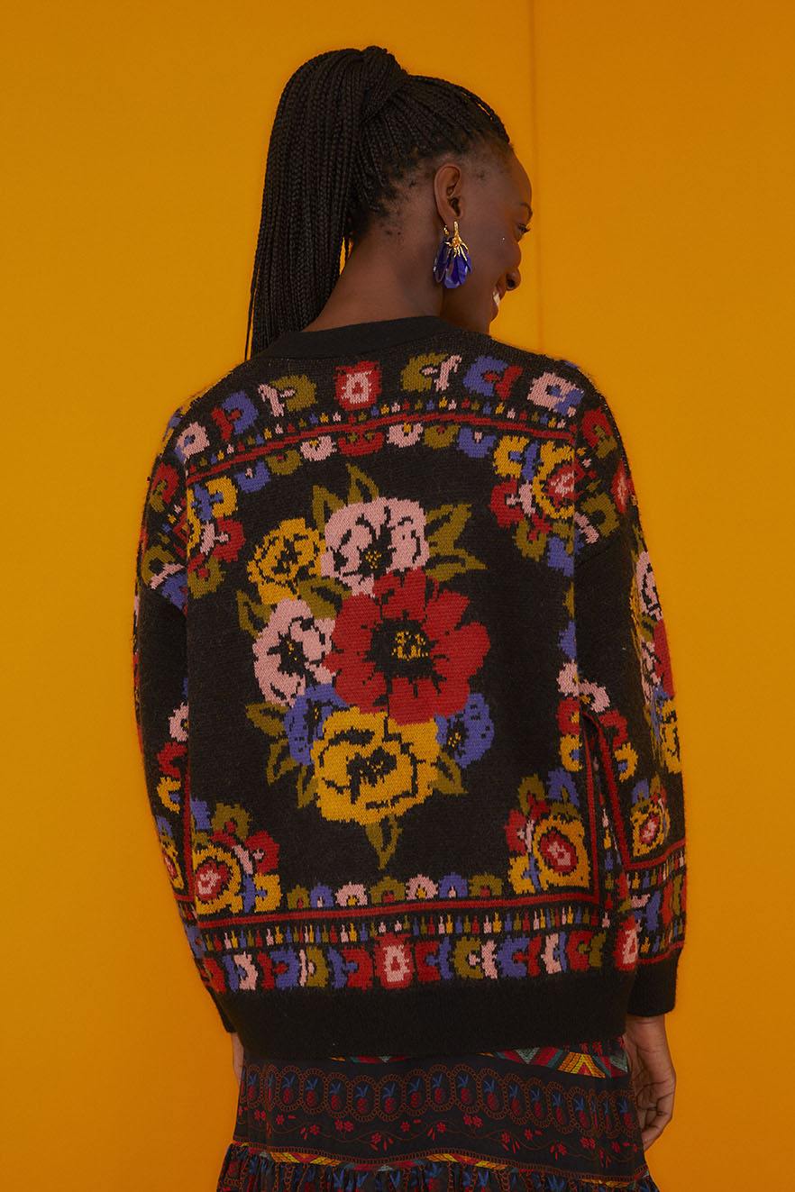 Farm Rio Black Flowers Tapestry Cardigan