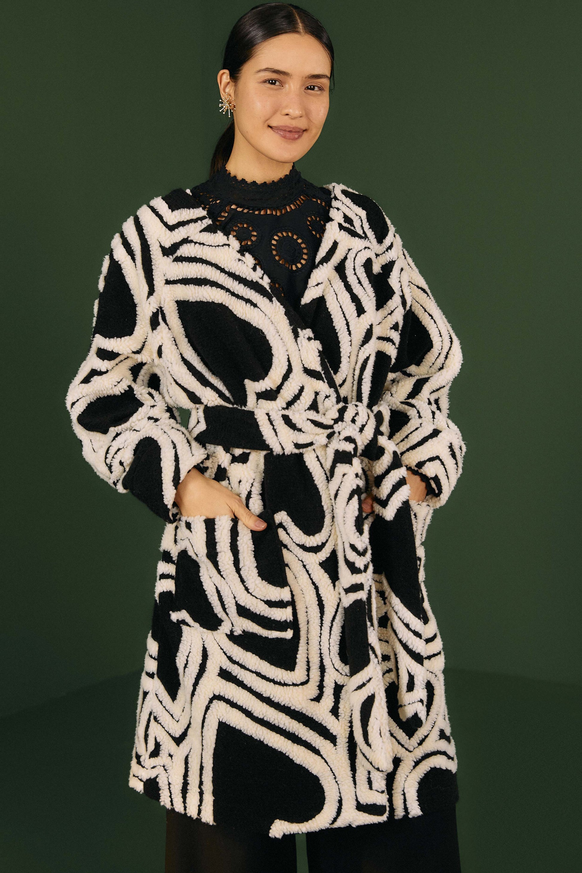 Farm Rio Black And White Wild Hearts Fleece Coat