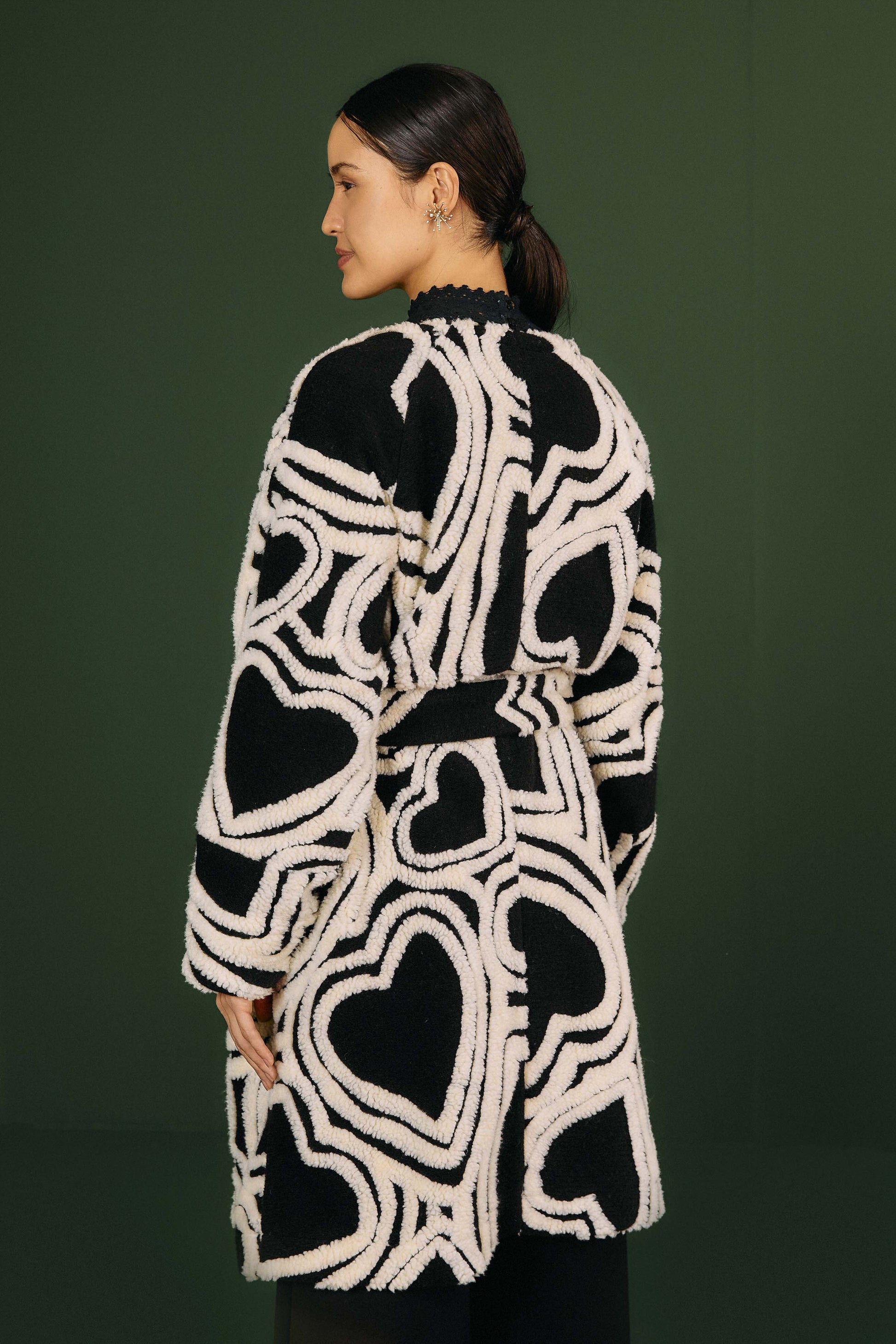 Farm Rio Black And White Wild Hearts Fleece Coat