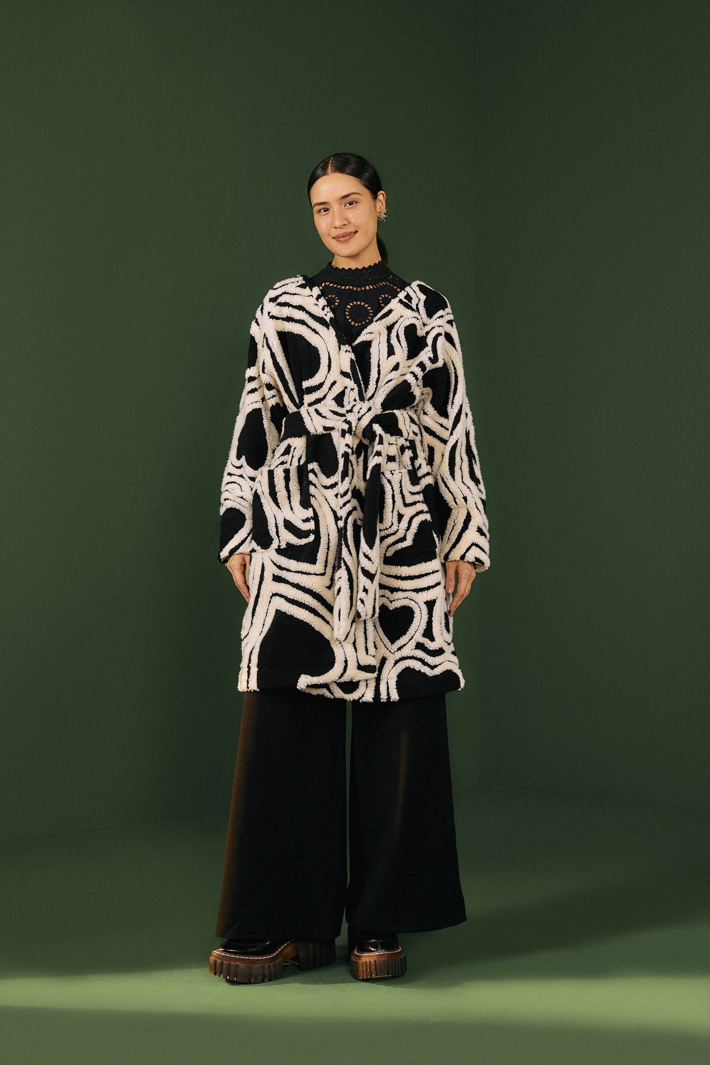 Farm Rio Black And White Wild Hearts Fleece Coat