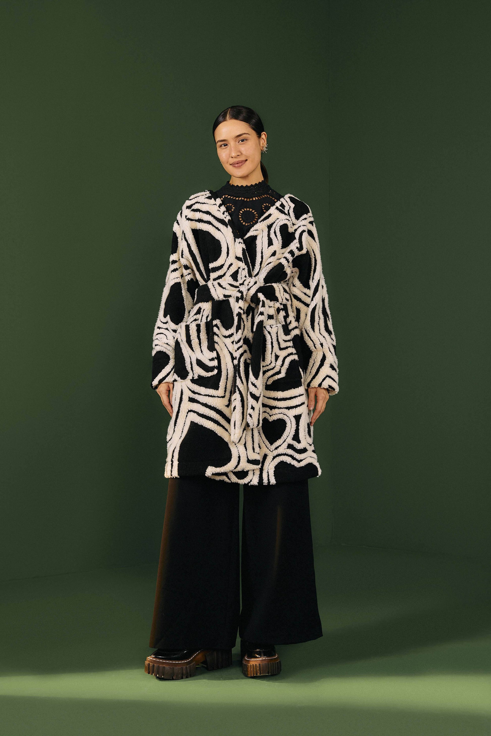 Farm Rio Black And White Wild Hearts Fleece Coat