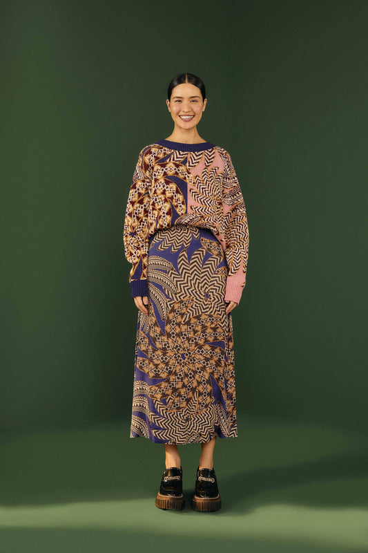 Farm Rio Navy Yawanawa Vanahu Lenzing™ Ecovero™ Viscose Midi Skirt