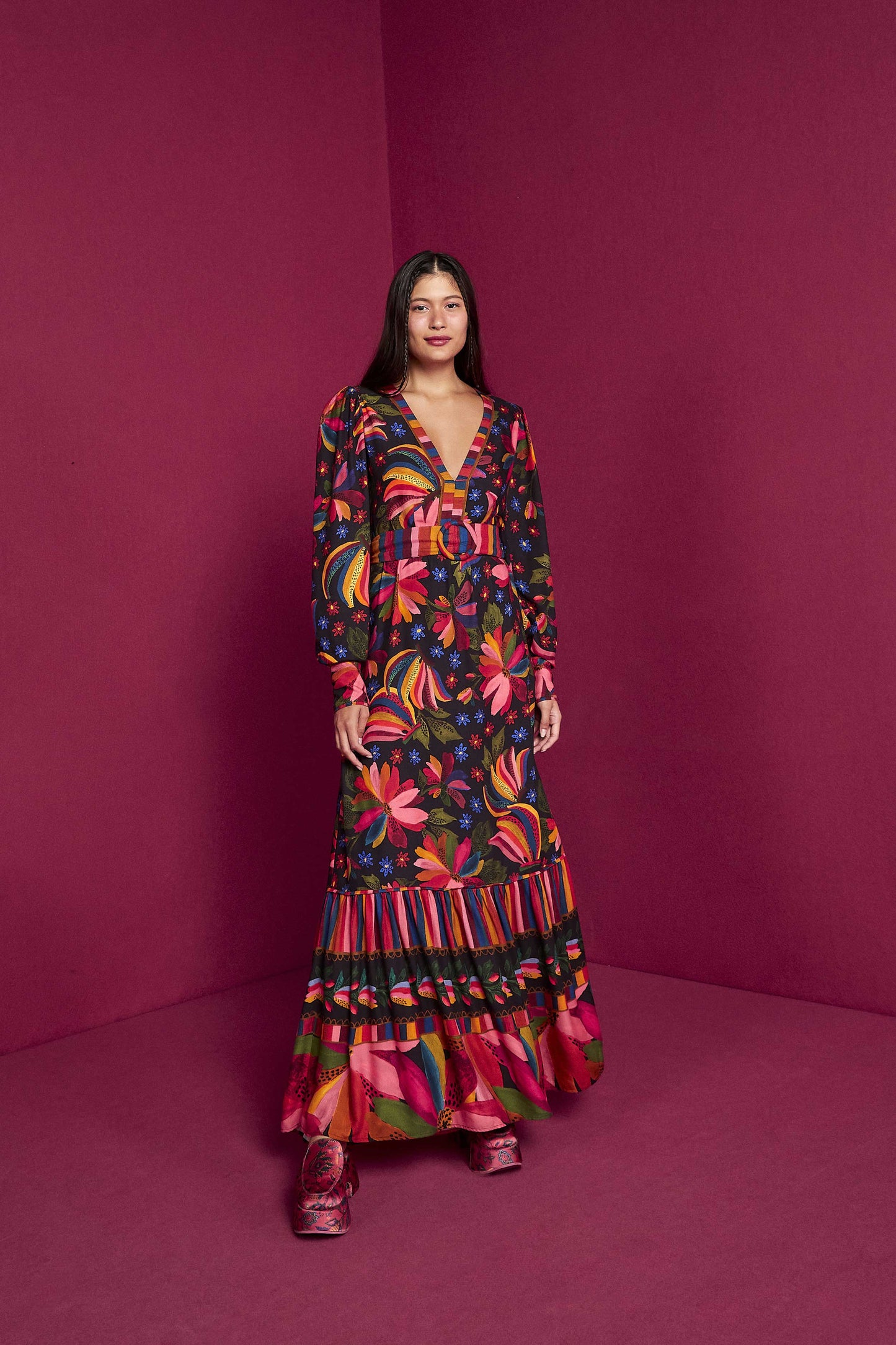 Farm Rio Black Banana Sky Lenzing™ Ecovero™ ViscoseMaxi Dress