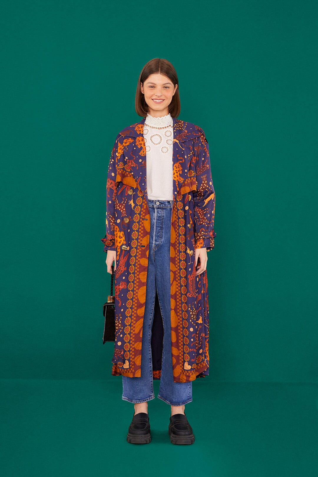 Farm Rio Navy Animal Sky Trench Coat