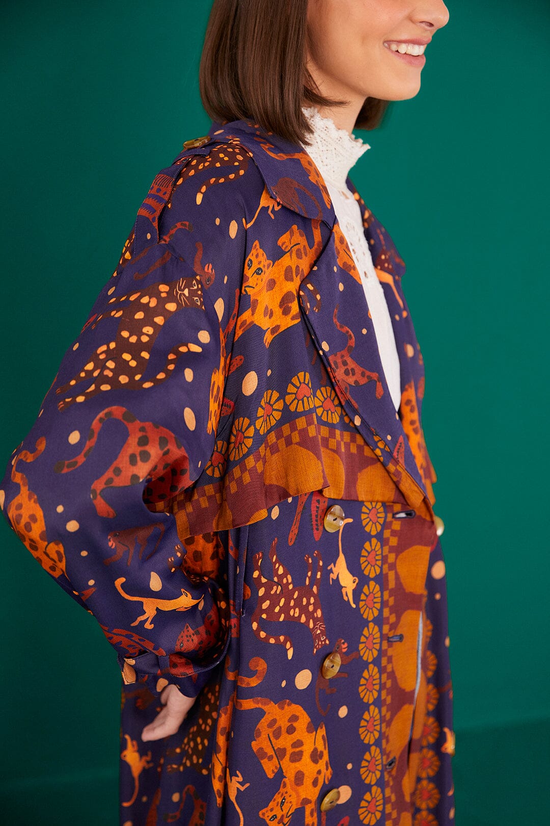 Farm Rio Navy Animal Sky Trench Coat