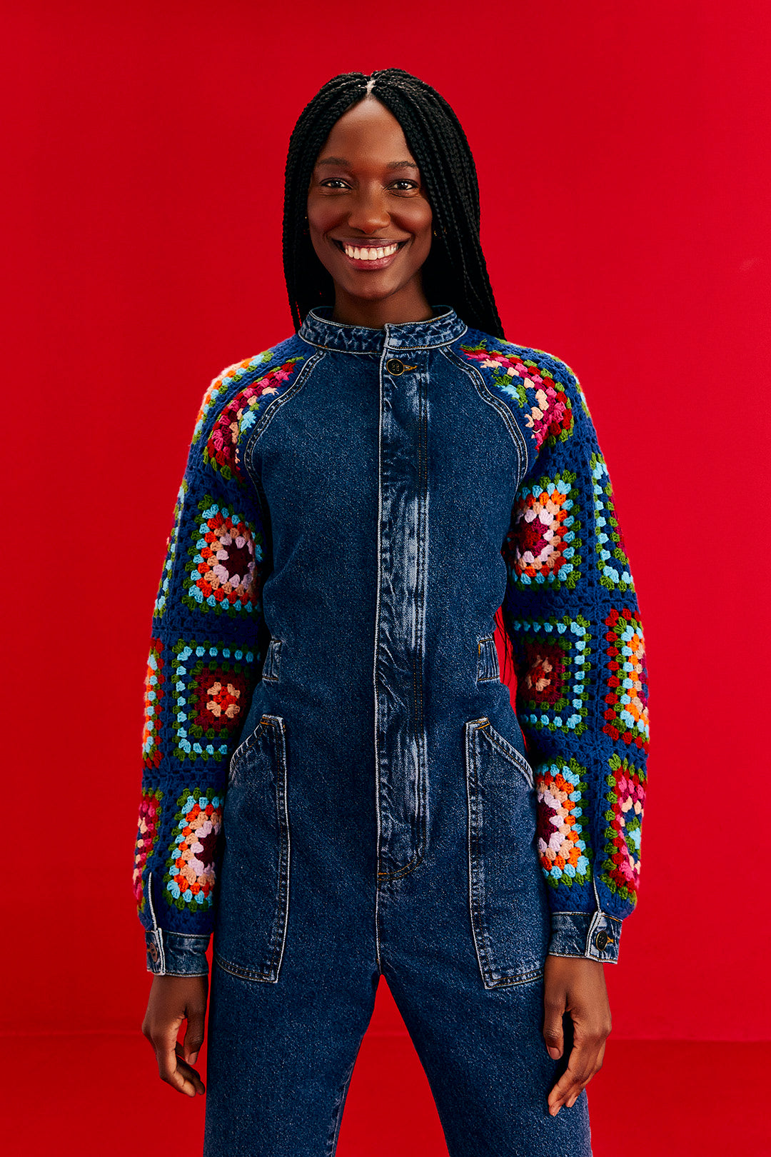 Farm Rio Crochet Squares Denim Jumpsuit