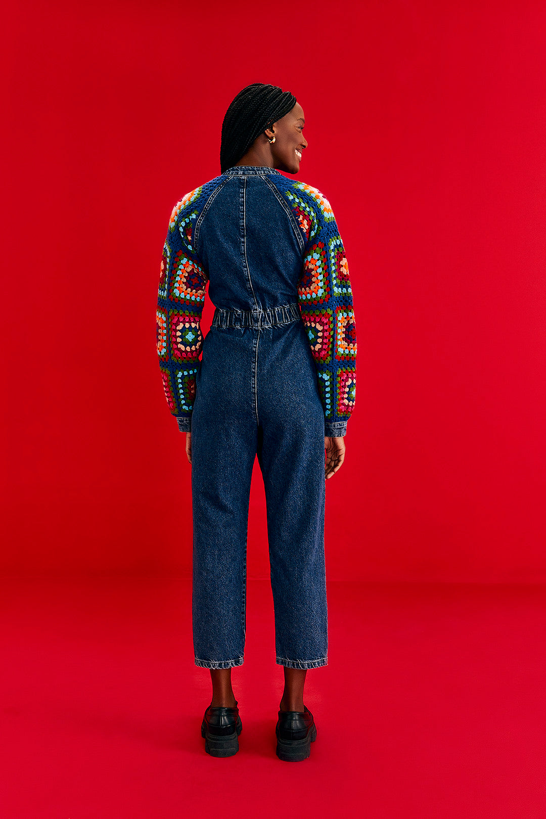 Farm Rio Crochet Squares Denim Jumpsuit