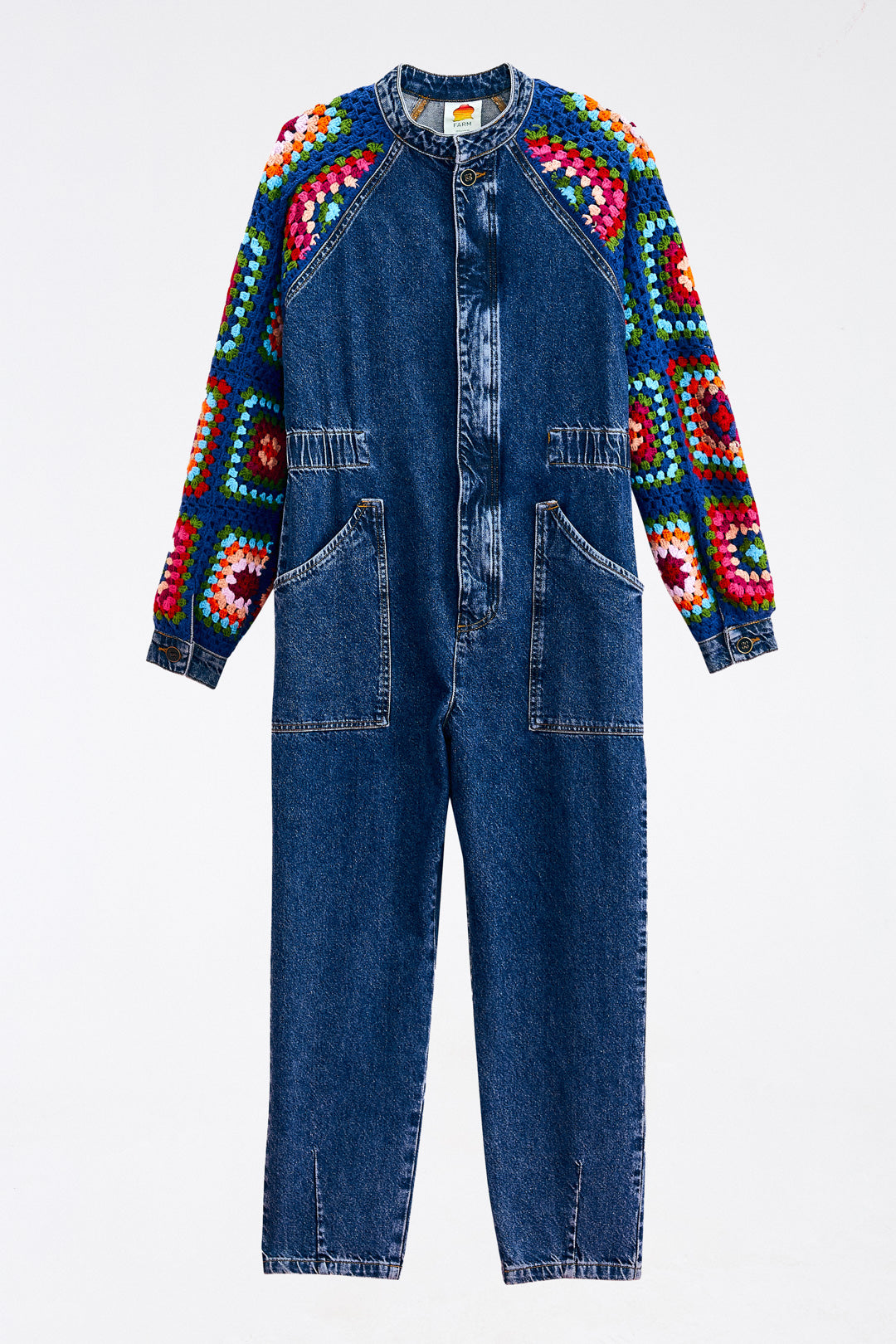 Farm Rio Crochet Squares Denim Jumpsuit